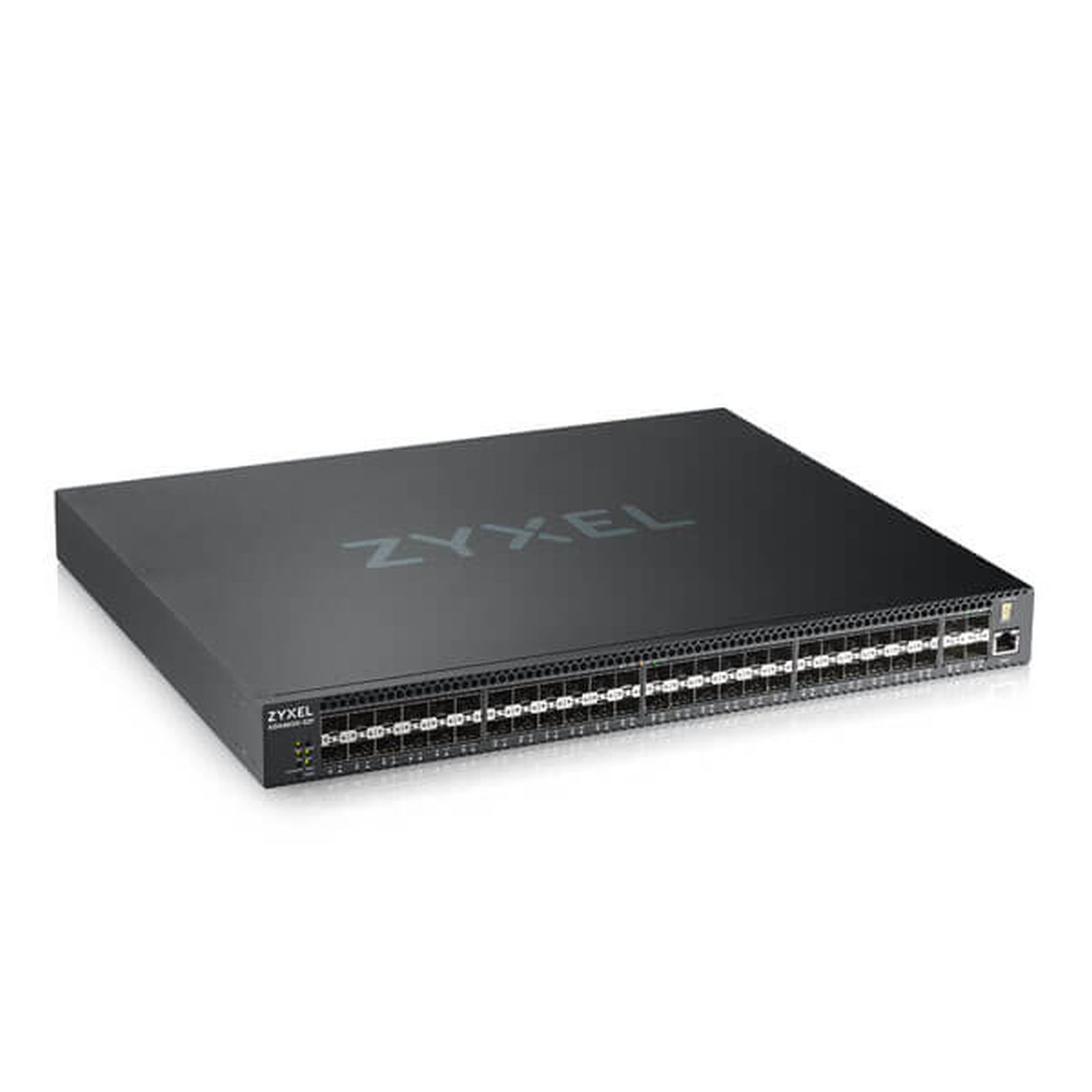 Un switch de red Zyxel gris oscuro. Tiene varios puertos y el logotipo de Zyxel.