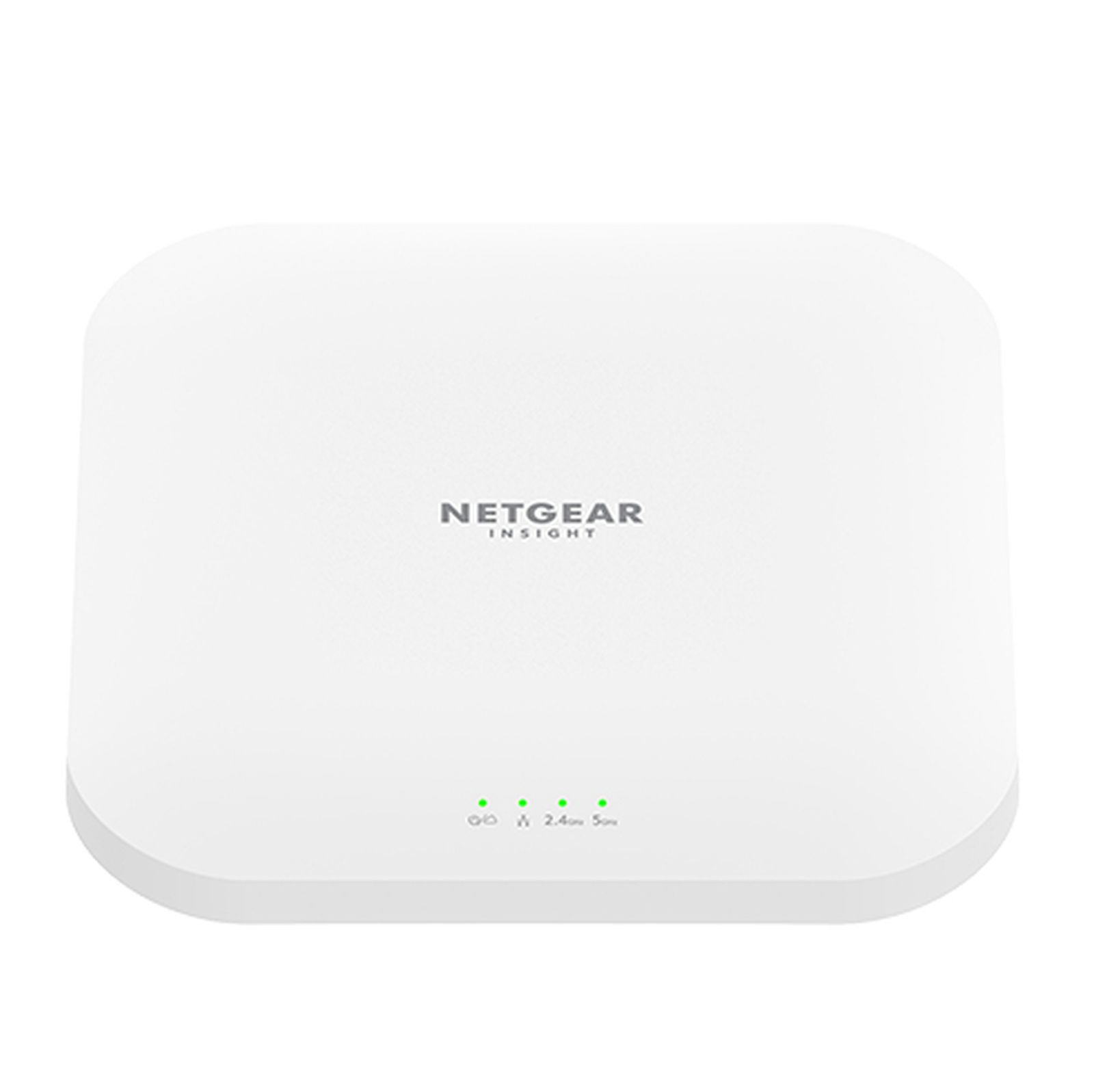 Biały punkt dostępu Netgear Insight. Ma zaokrąglony kwadratowy kształt z zielonymi kontrolkami.