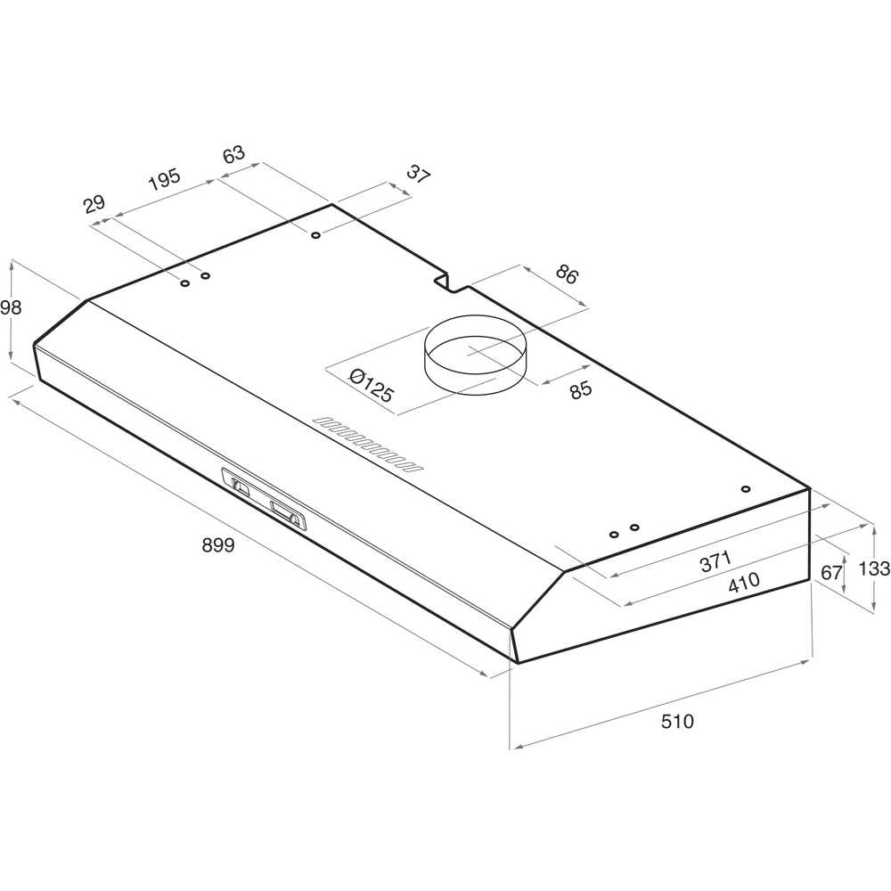Un disegno tecnico di una cappa rettangolare con dimensioni, incluso uno sfiato circolare e varie misure.