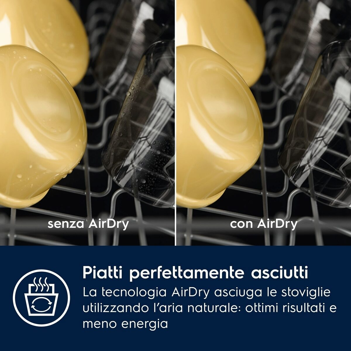 Confronto lavastoviglie: piatti bagnati (senza AirDry) vs. piatti asciutti (con AirDry). Testo: Piatti perfettamente asciutti, tecnologia AirDry.