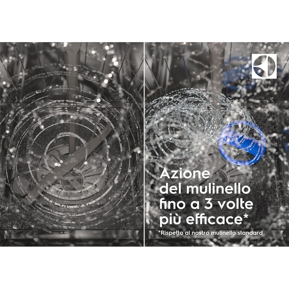 Interno di lavastoviglie con getti d'acqua da un meccanismo rotante. Un componente blu è visibile a destra. Testo in italiano.