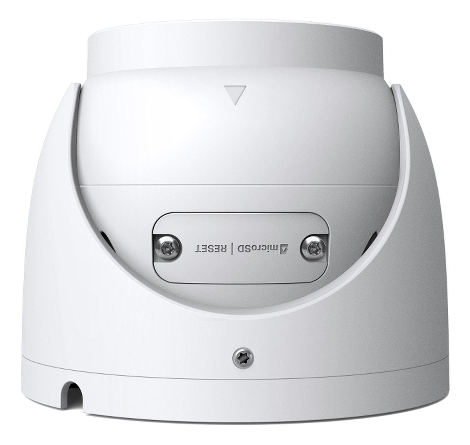 Zbliżenie białej kamery bezpieczeństwa. Ma zaokrągloną konstrukcję ze slotem MicroSD i przyciskiem reset.