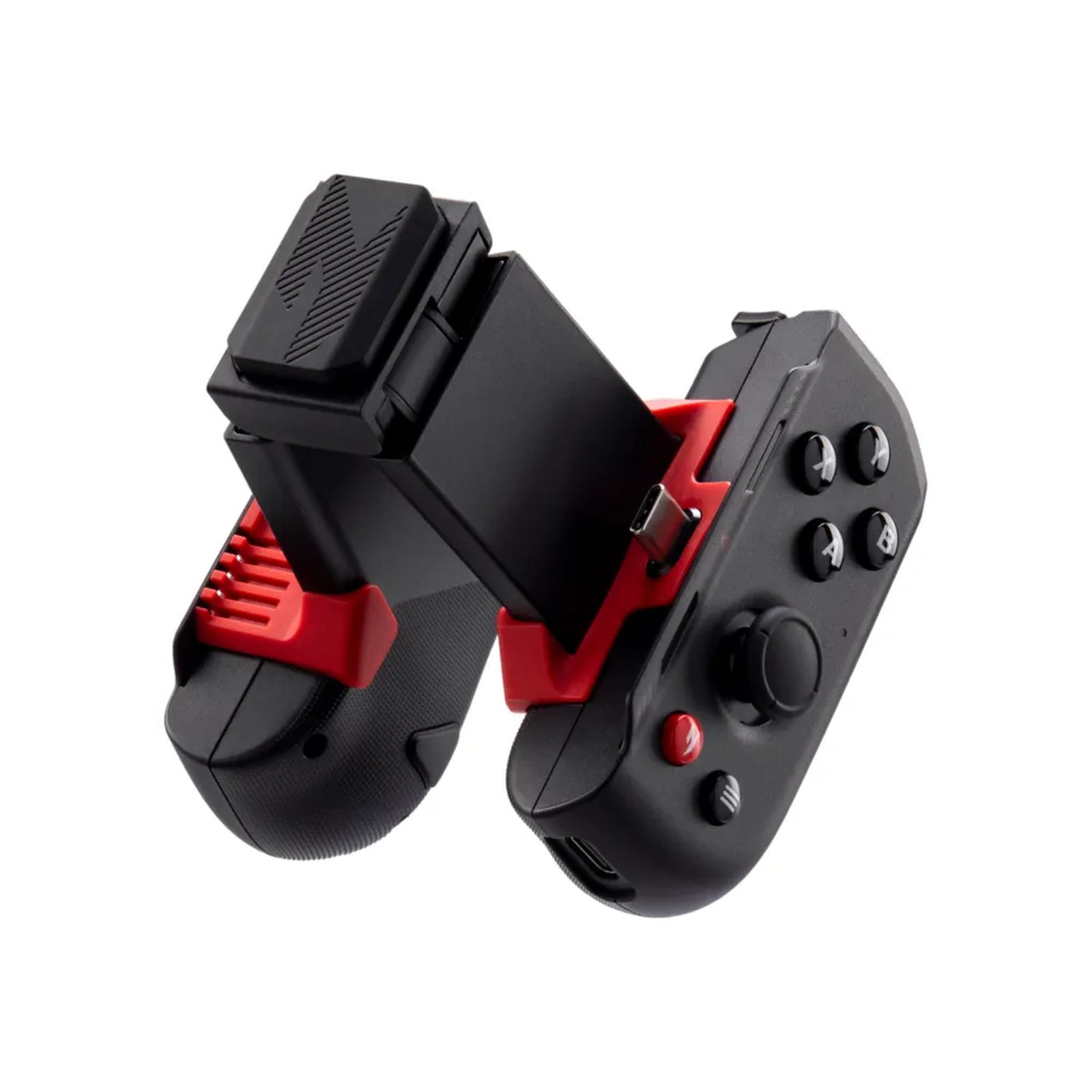 Czarny i czerwony gamepad na białym tle. Posiada przyciski, joystick i uchwyt na telefon.