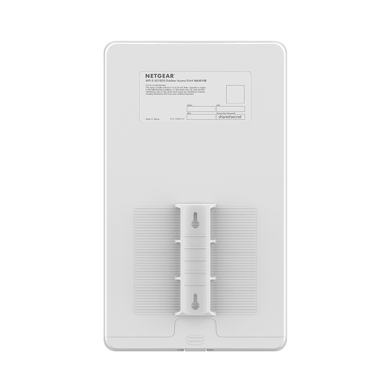 Biały punkt dostępu WiFi 6 NETGEAR. Tekst zawiera szczegóły modelu i etykietę 'sharedsecret'.