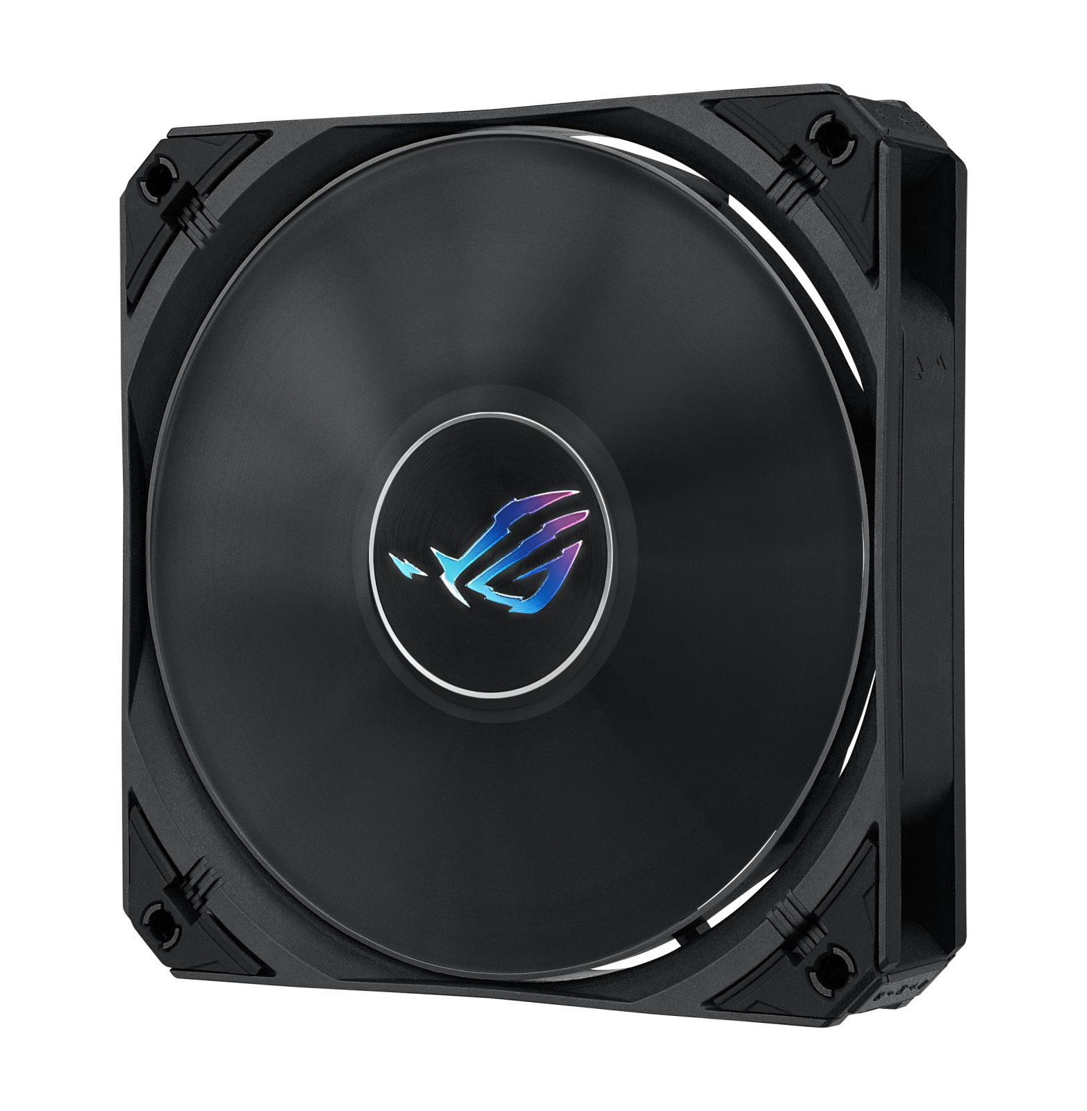A black computer fan with a central logo. It has a circular blade area and a square frame. The logo is blue and purple.