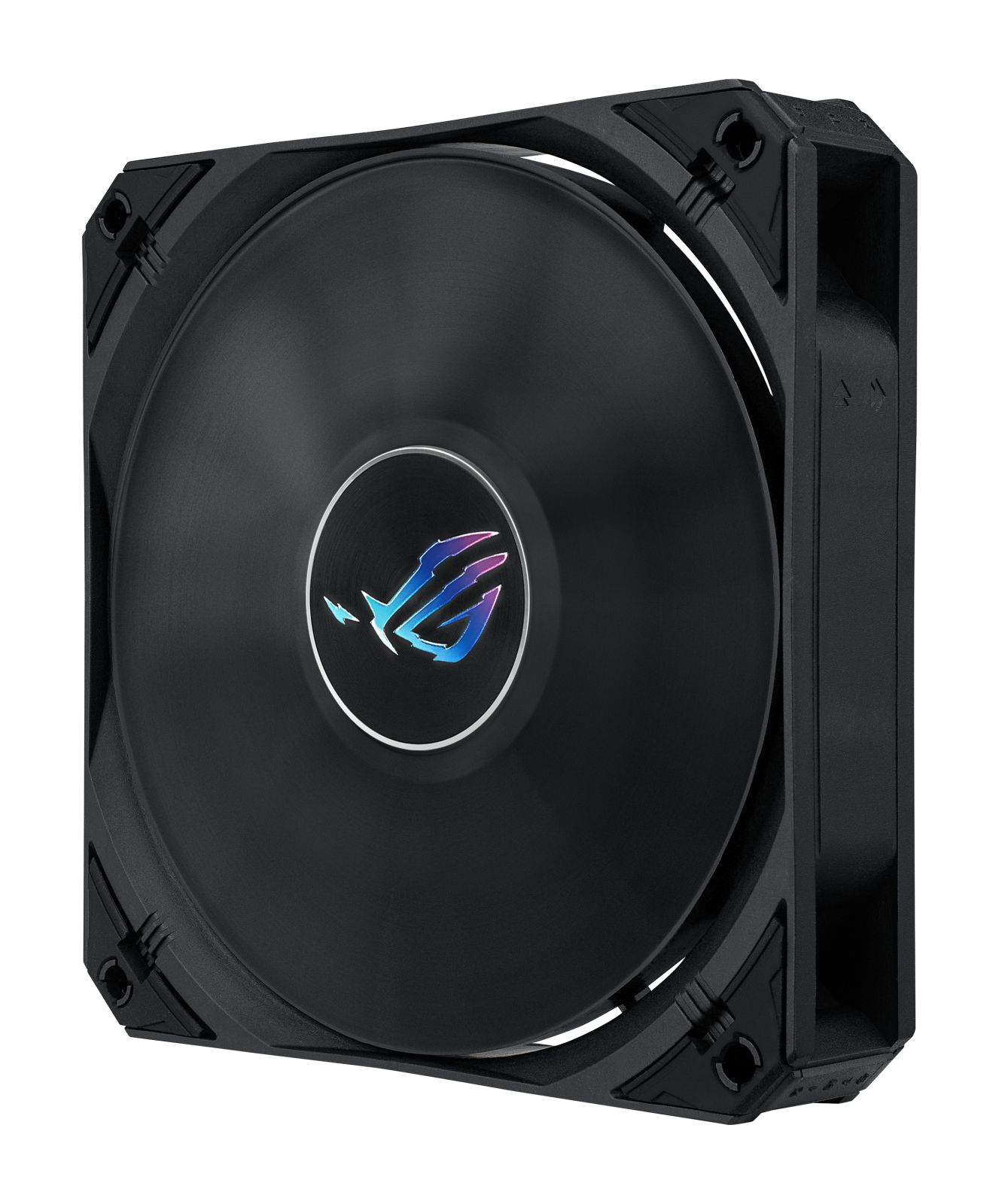 Black computer fan with a central logo. The fan is square. The logo is a stylized, colorful letter R.