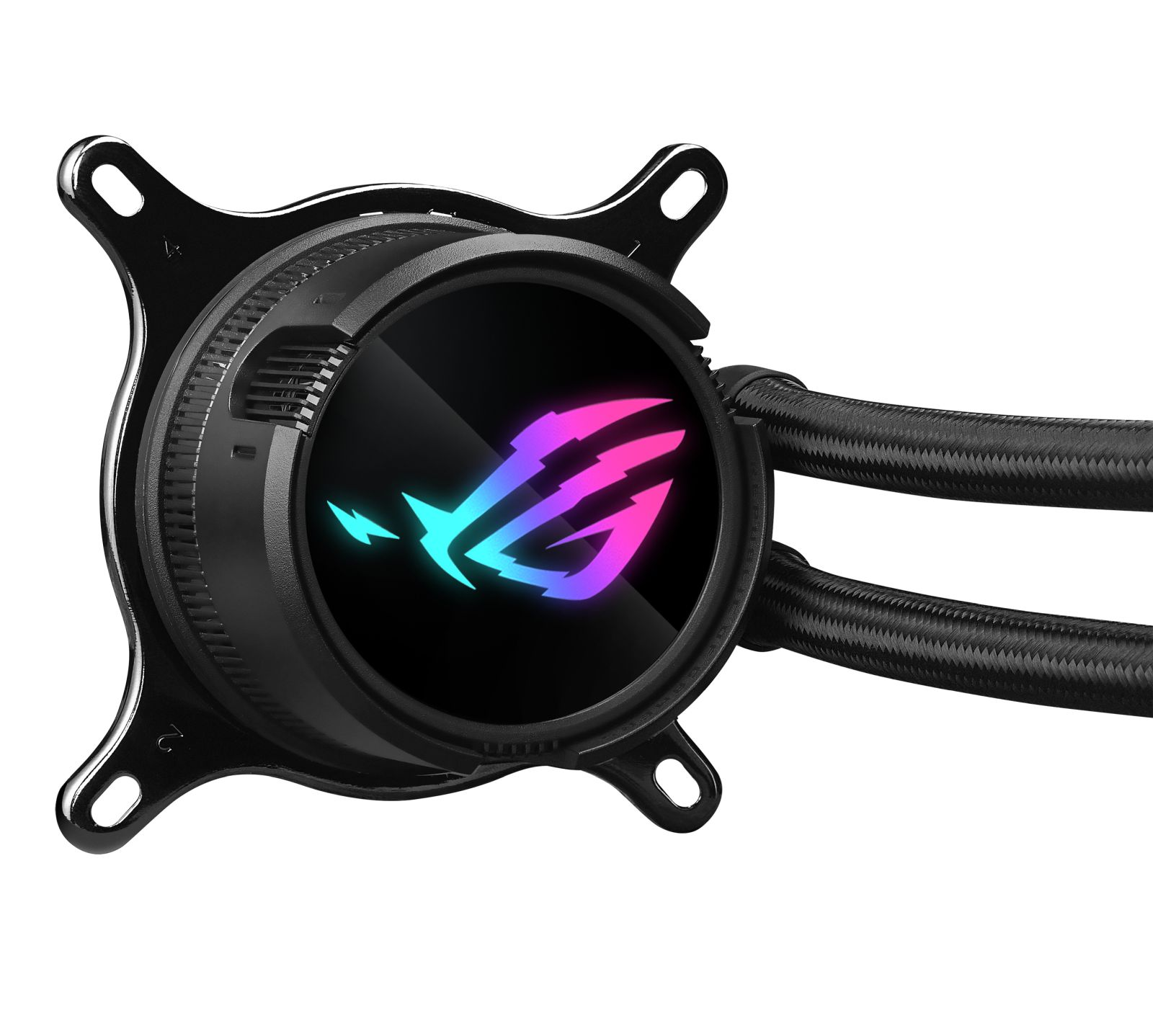 Black computer liquid cooler with ROG logo, tubes, and mounting hardware. The logo is multicolored.