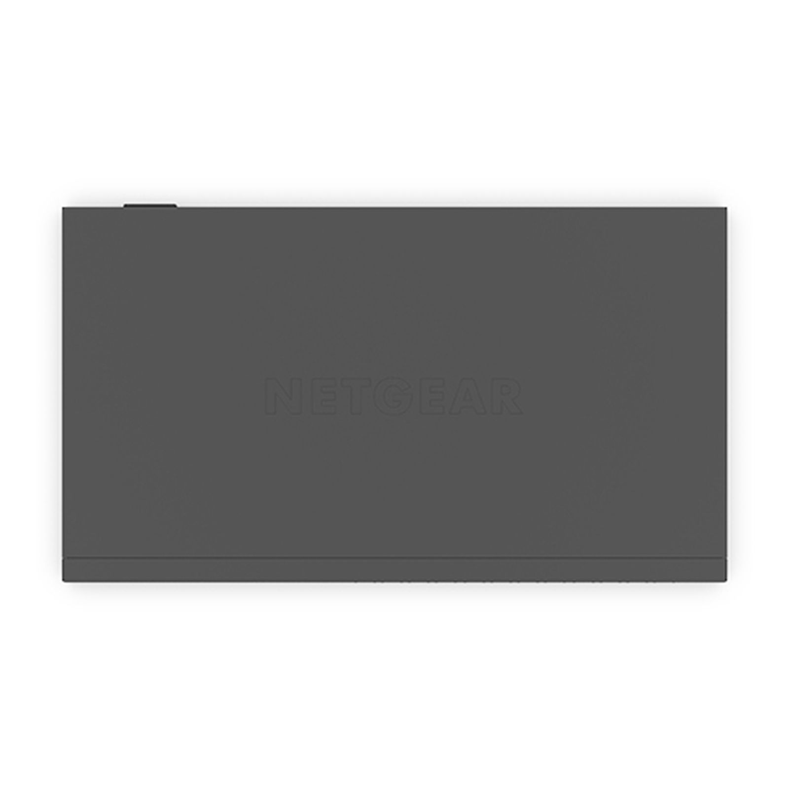 Ciemnoszare urządzenie sieciowe Netgear. Słowo NETGEAR jest wydrukowane na przodzie. Mały przycisk jest widoczny na górze.