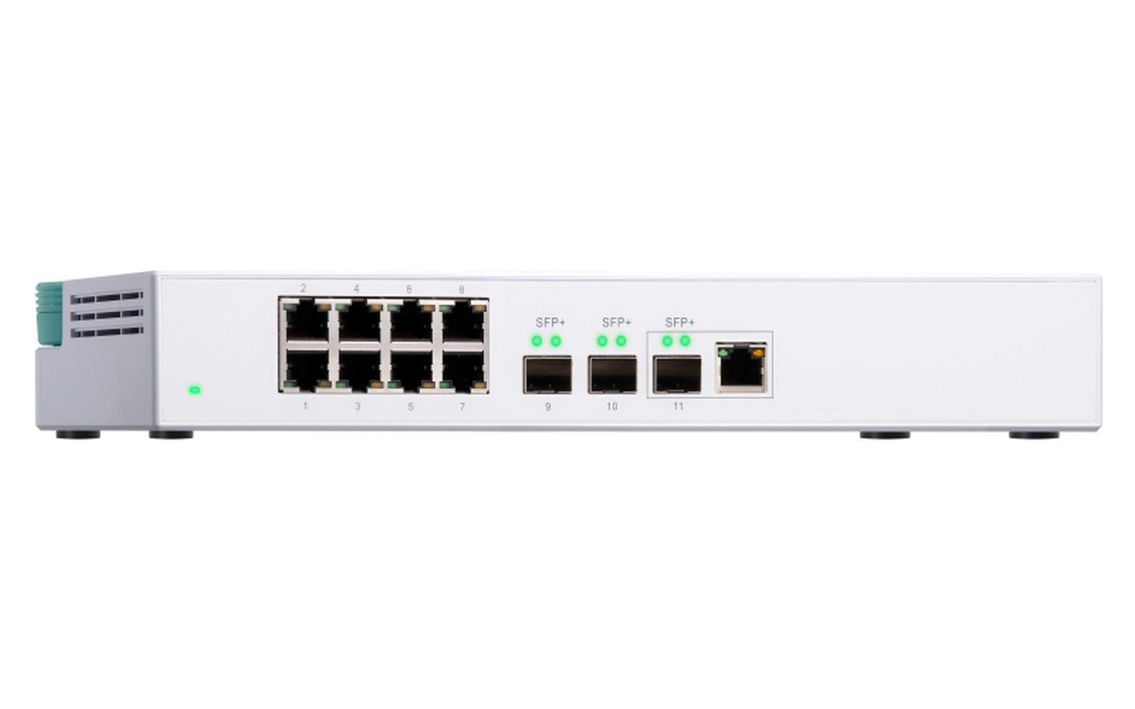 Uno switch di rete bianco con più porte etichettate 1-11 e SFP+. Diverse luci verdi sono accese.