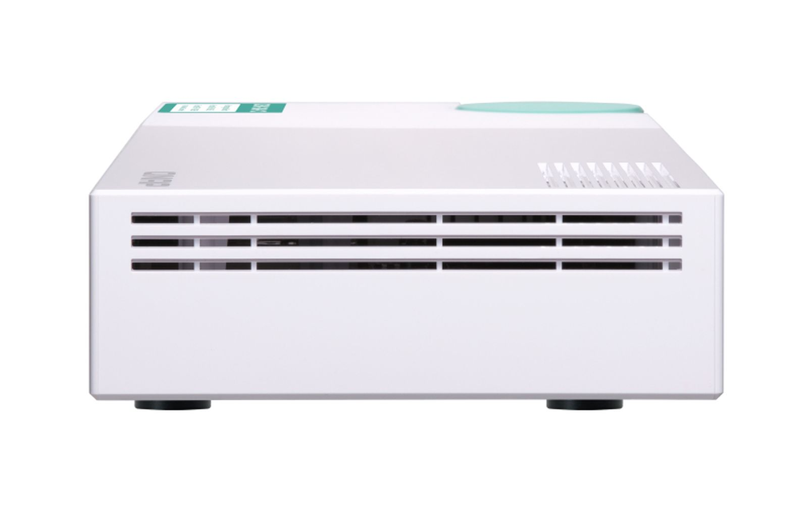 Un dispositivo rettangolare bianco con prese d'aria e un dettaglio circolare verde menta sulla parte superiore. Poggia su quattro piedini neri.