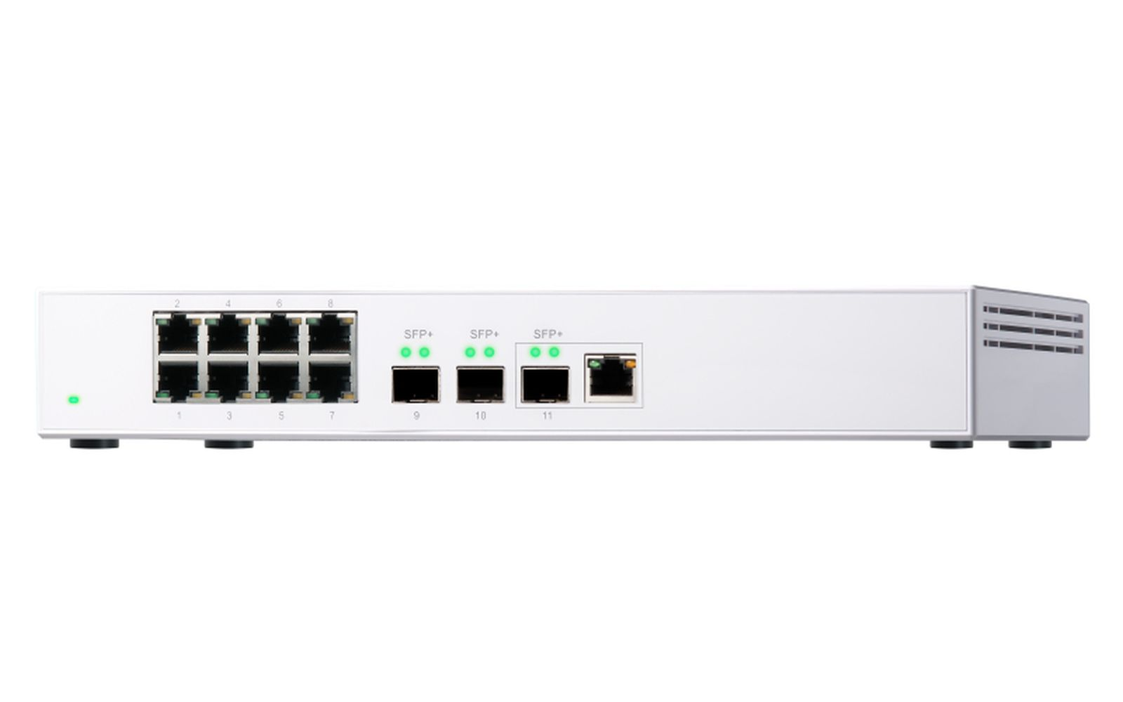 Uno switch di rete bianco con più porte e luci. Le porte sono numerate ed etichettate con SFP+. Ha un pannello laterale argentato.