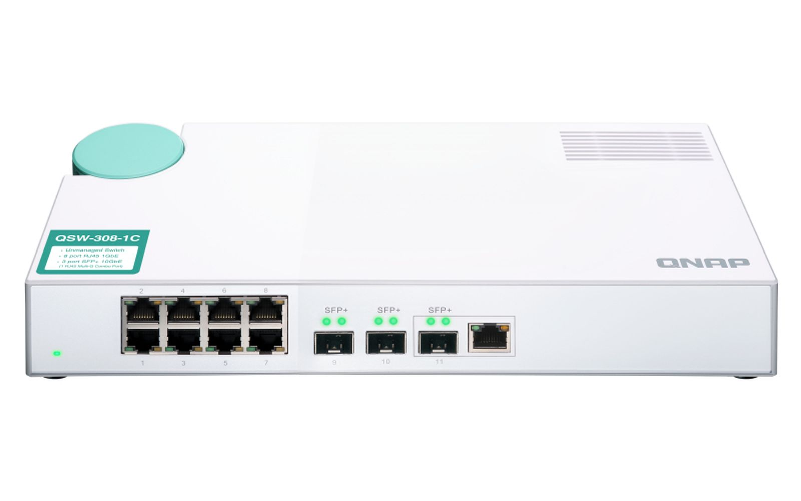 Switch di rete QNAP bianco. Ha più porte, porte SFP+ e spie di stato. Il modello è QSW-308-1C.