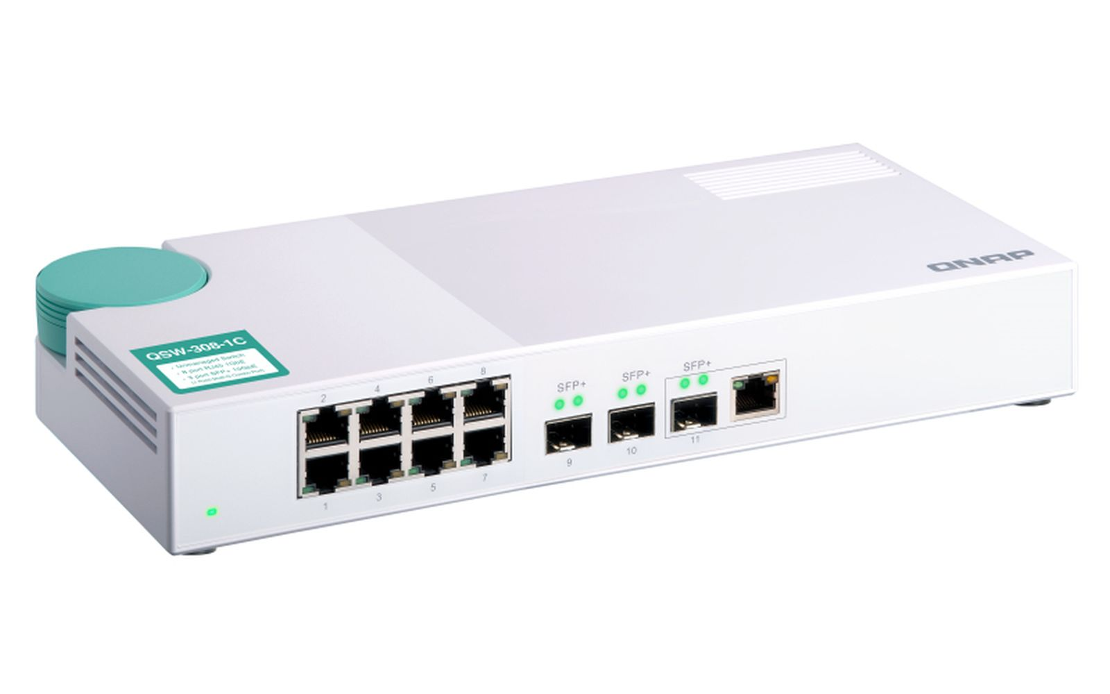 Switch di rete QNAP bianco con più porte e slot SFP+. Presenta un accento verde acqua e diverse spie verdi.