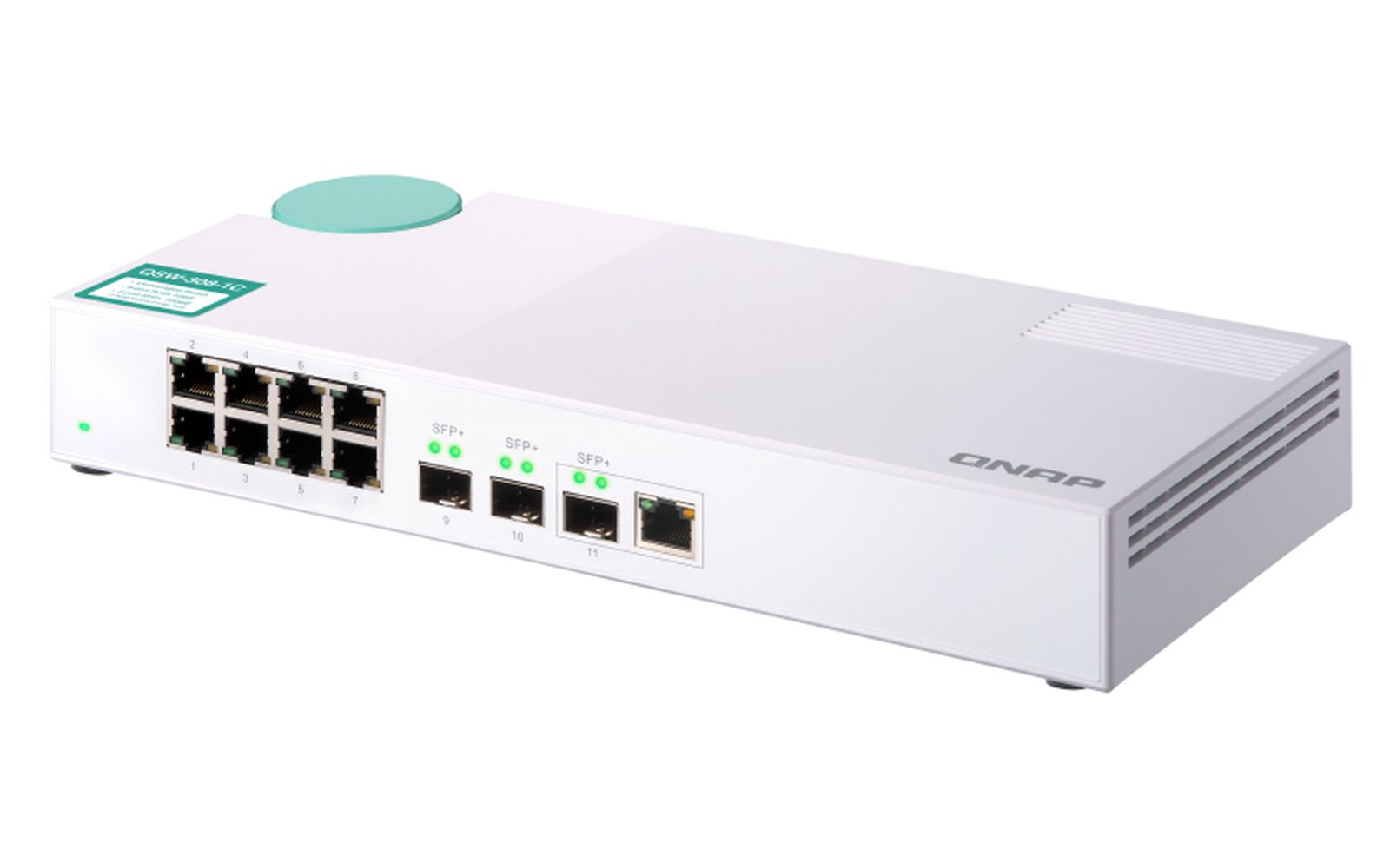 Switch di rete QNAP bianco con più porte, luci verdi e un accento turchese. Il dispositivo è su sfondo bianco.