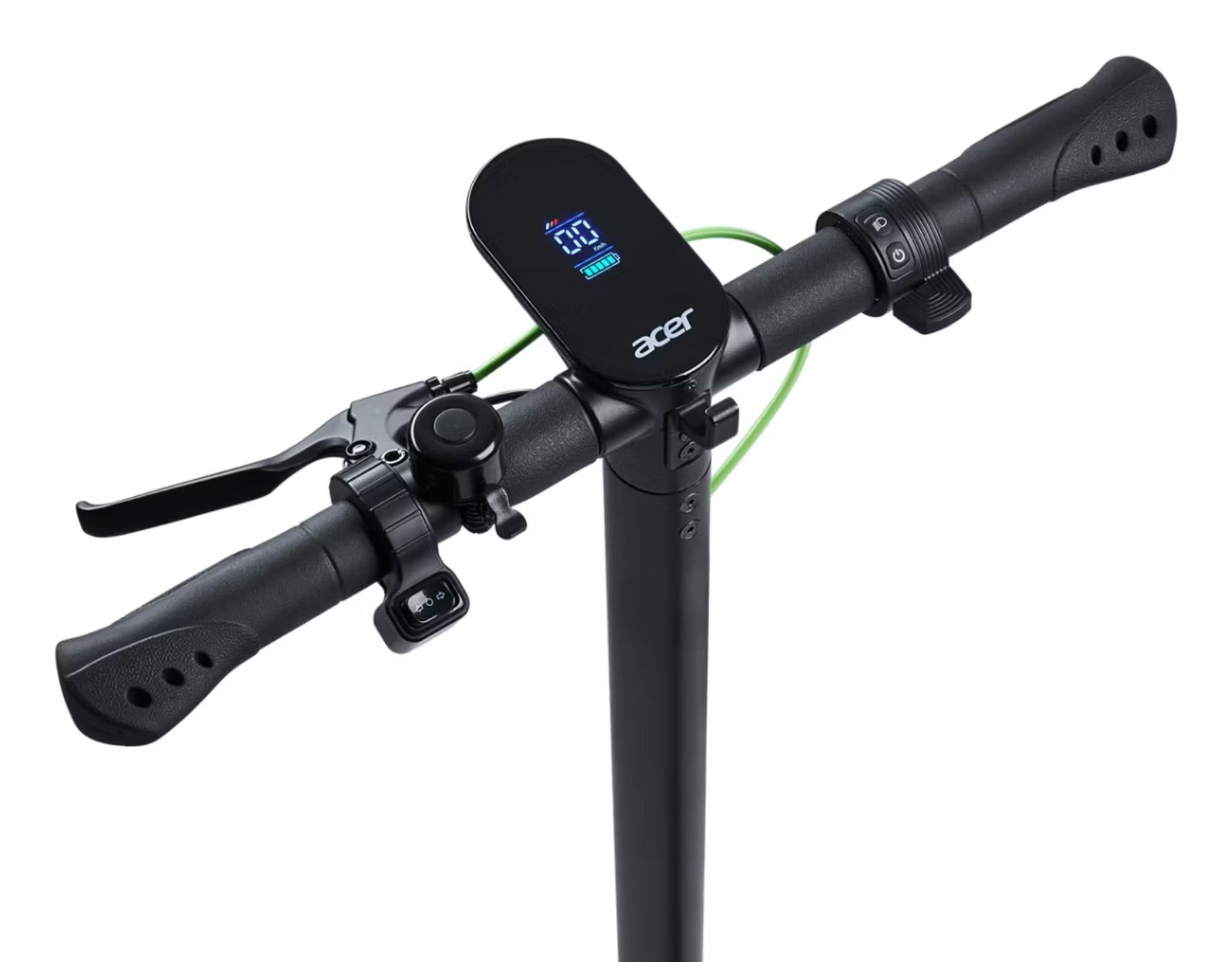 Schwarzer Acer Elektroroller-Lenker. Zeigt Geschwindigkeit und Akku an. Hat Bremshebel, Klingel und Bedienelemente. Grünes Kabel.