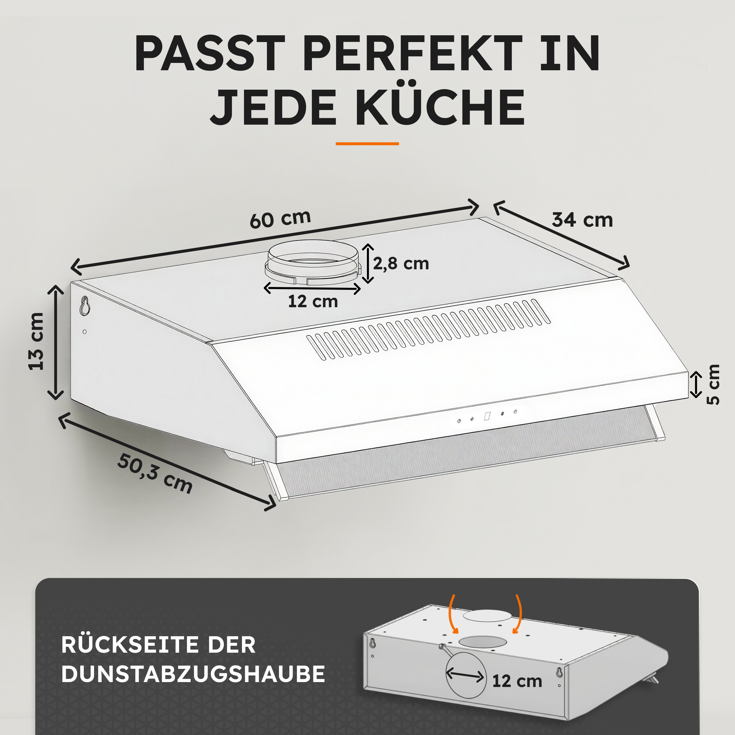 Eine weiße Dunstabzugshaube mit Maßangaben. Der Text lautet 'Passt perfekt in jede Küche'.