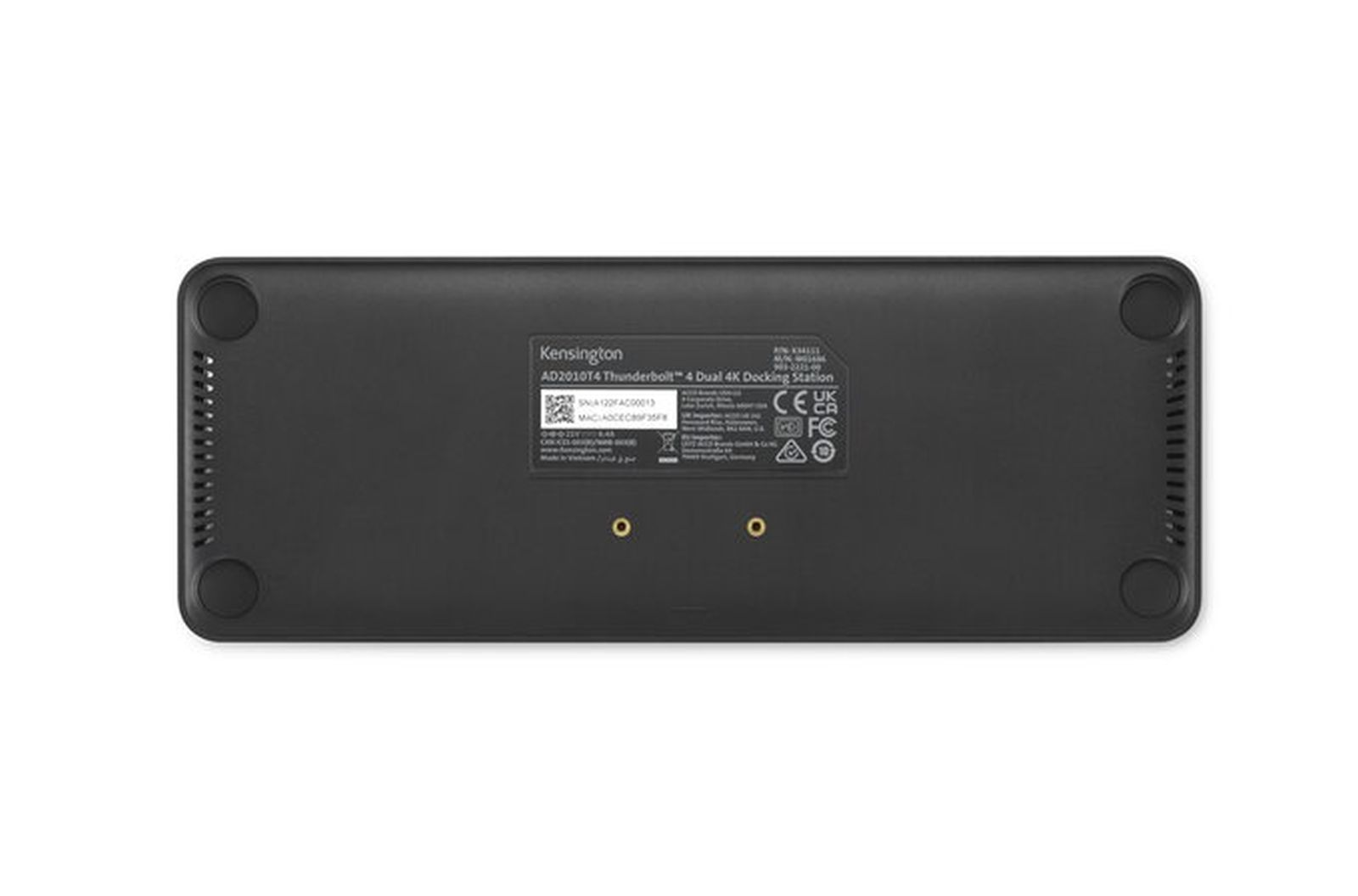 Eine schwarze Kensington Thunderbolt 4 Dockingstation, mit Etiketten, Anschlüssen und Lüftungsschlitzen.