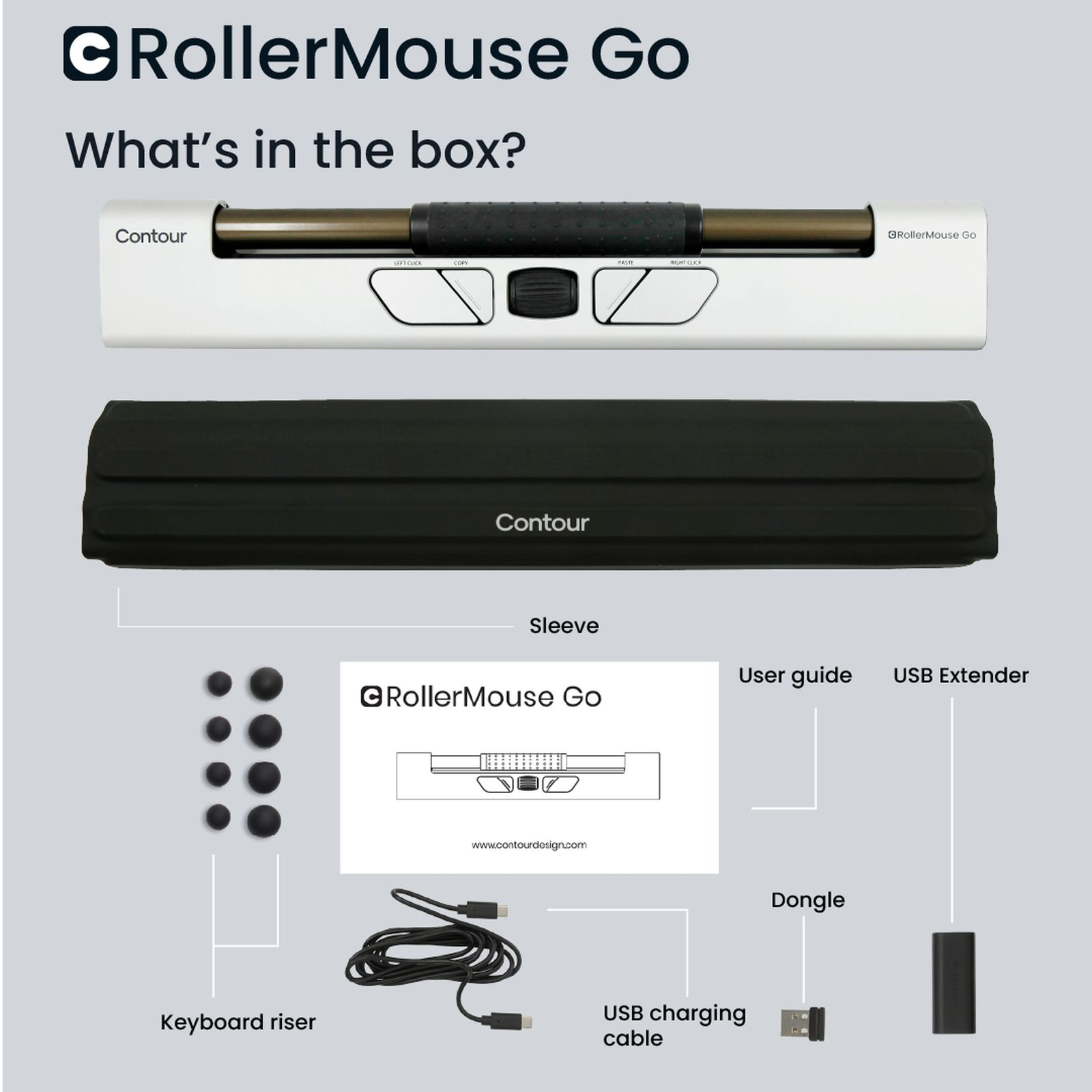 Image shows a RollerMouse Go with its accessories: keyboard riser, sleeve, USB cable, dongle, and user guide.
