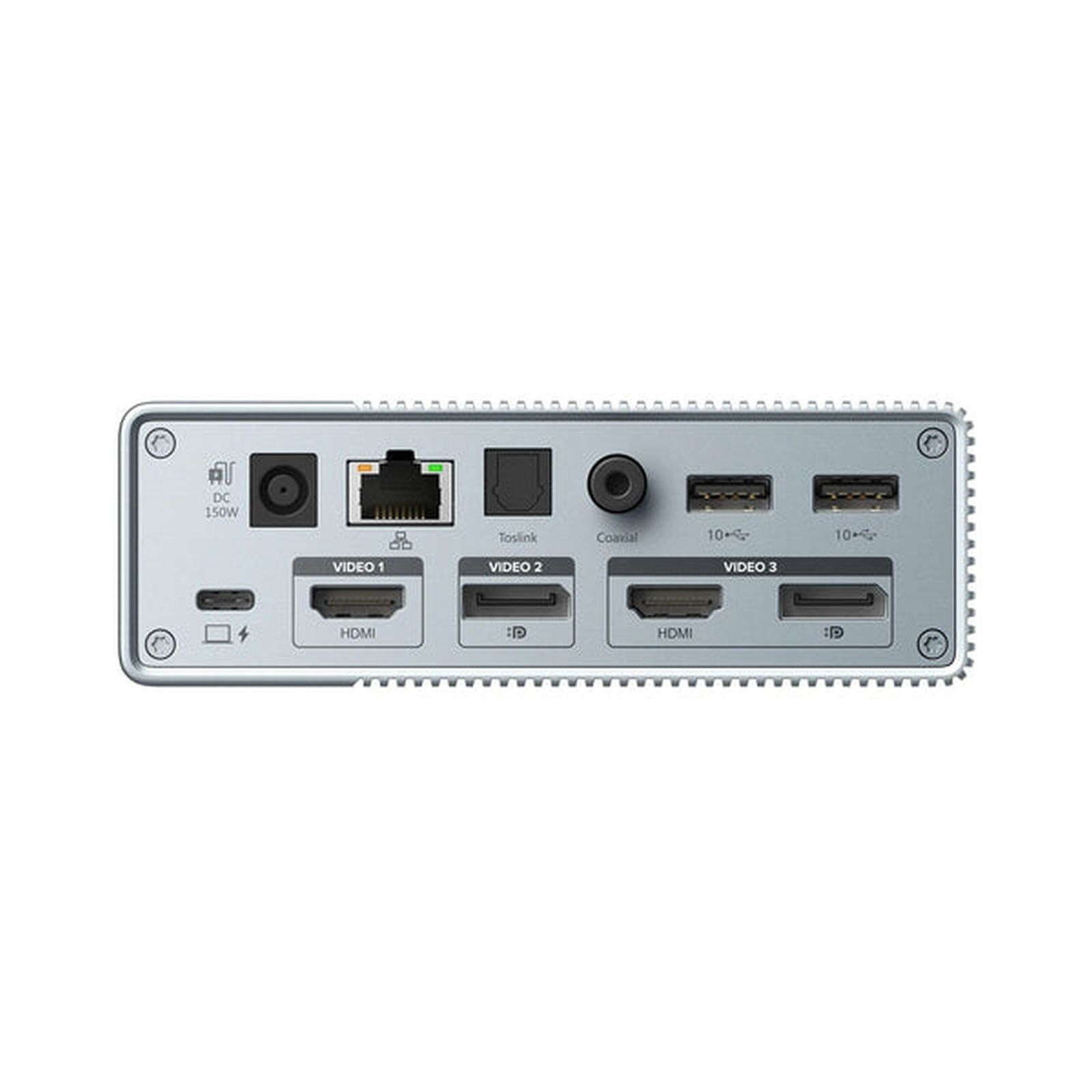 Silbernes Gerät mit mehreren Anschlüssen, beschriftet mit Video 1-3, HDMI, Toslink, Koaxial und USB. Es hat auch einen Stromeingang.
