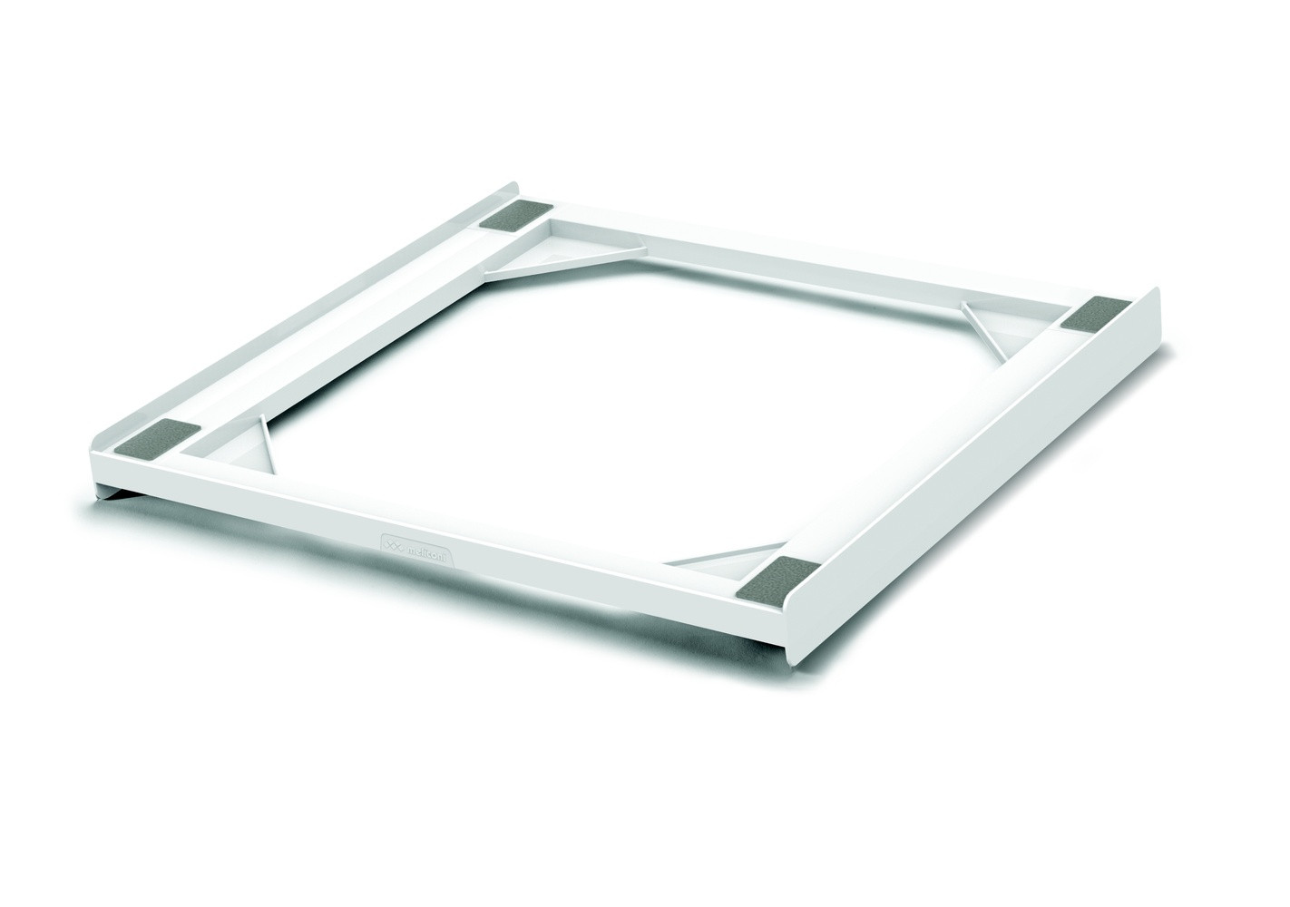 Supporto in metallo bianco con quattro cuscinetti grigi. Il supporto ha una forma quadrata, con un logo del marchio su un lato. Isolato su bianco.