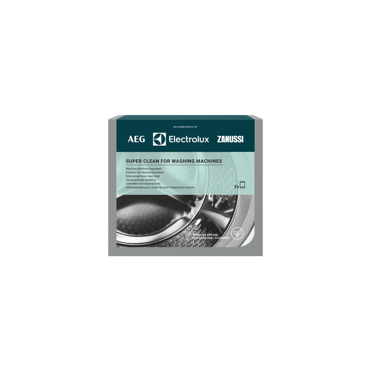 Una scatola con i loghi AEG, Electrolux e Zanussi. Il testo recita 'Super Clean for Washing Machines'. Immagine di un cestello della lavatrice.