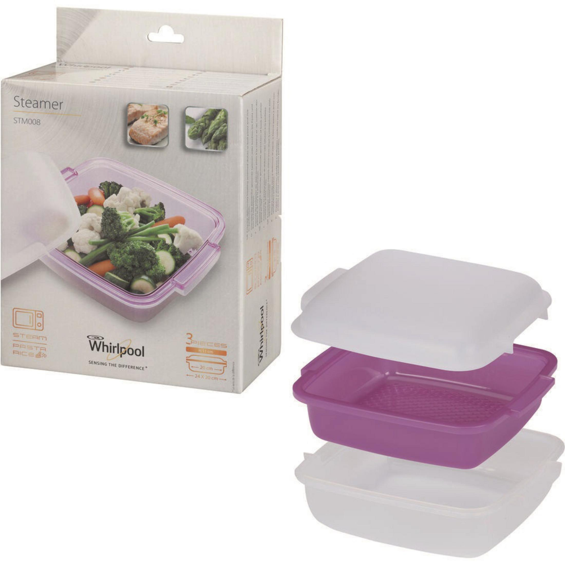 Una vaporiera con una scatola. Scatola con immagini di cibo e testo. Vaporiera viola con verdure, smontata.
