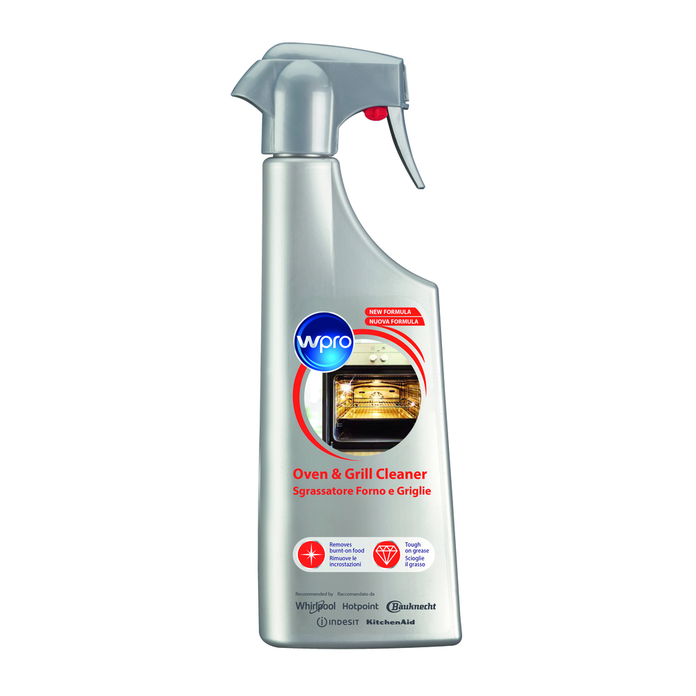 Flacone spray d'argento di pulitore per forno, con il logo 'wpro' e un'immagine di un forno. Rimuove cibo bruciato e grasso.
