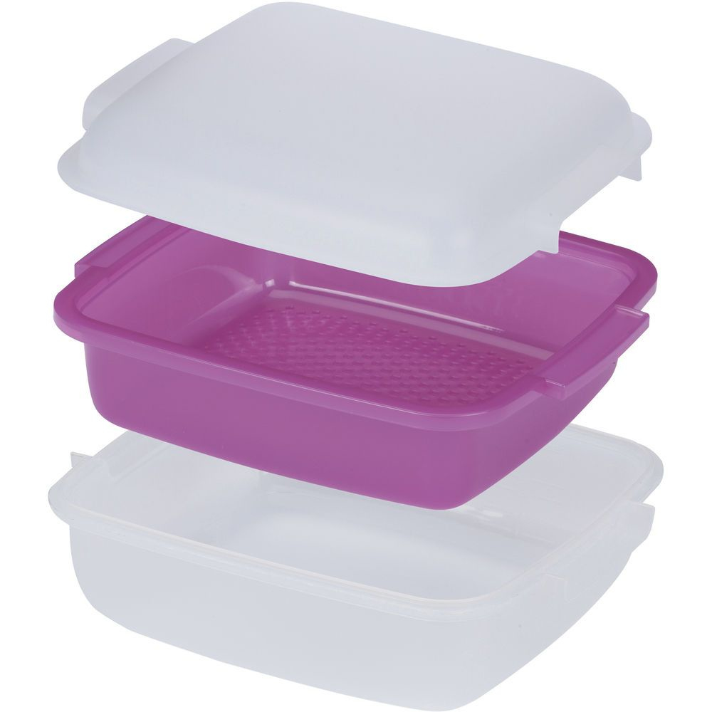 Contenitore per alimenti in tre parti. Un contenitore viola con coperchio bianco e base bianca, ciascuno con manici. La parte viola ha una base strutturata.