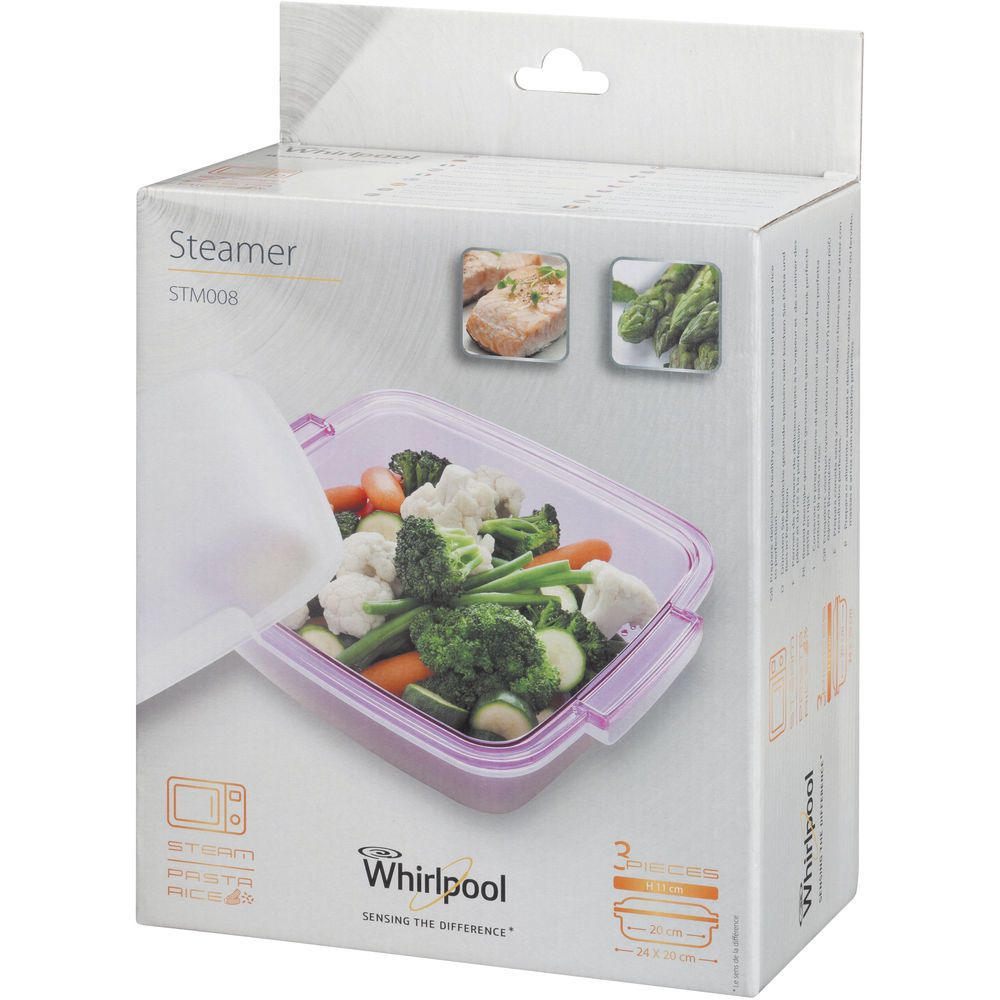 Una vaporiera con verdure all'interno e immagini di cibo sulla confezione. Il marchio è Whirlpool.