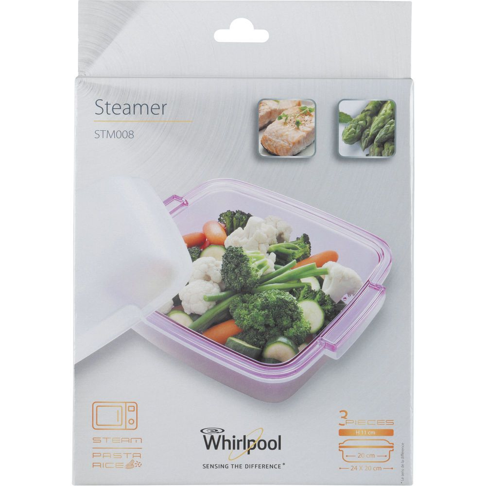 Una vaporiera con verdure all'interno. La scatola è su sfondo bianco con immagini di salmone e asparagi.