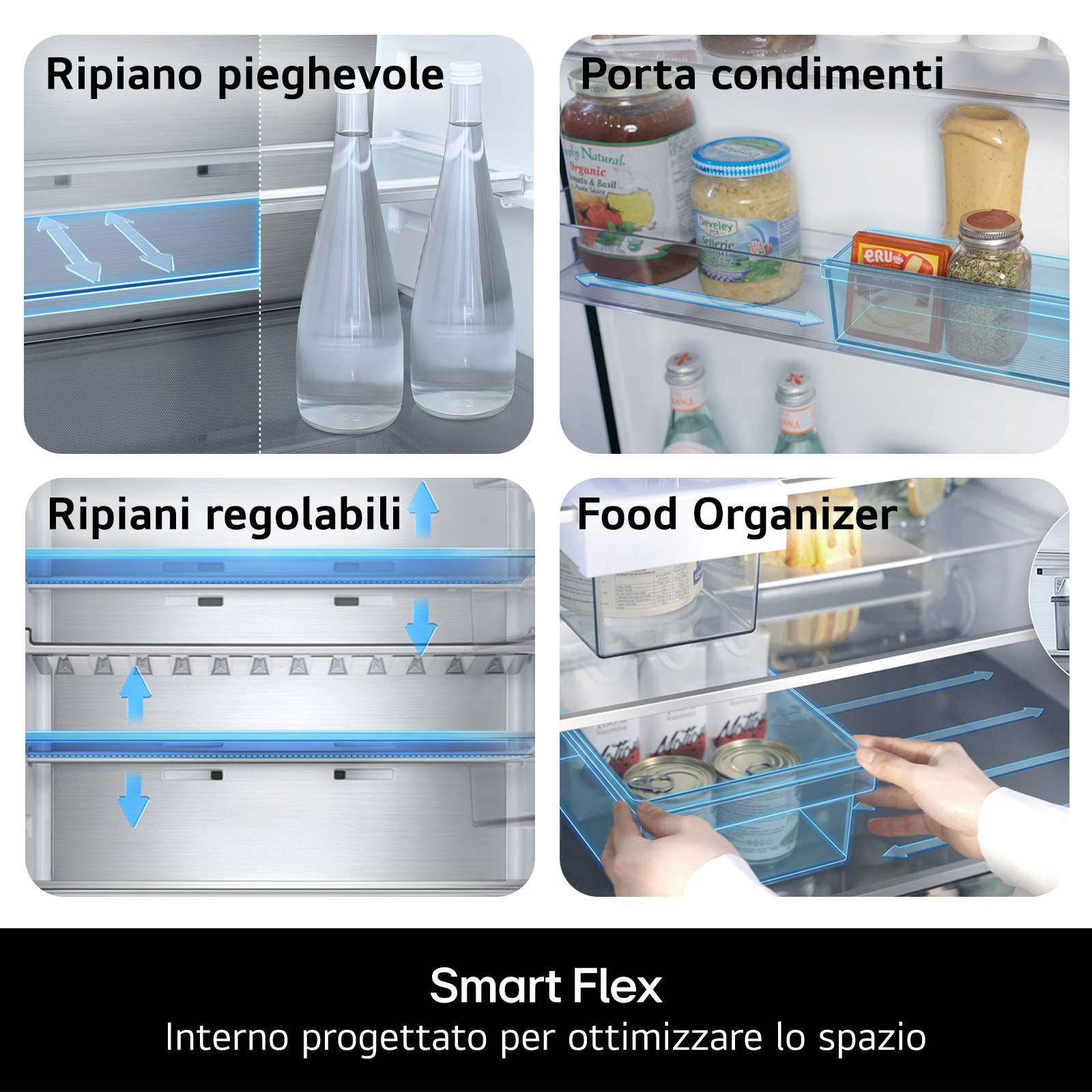 Interno di un frigorifero con ripiani pieghevoli, porta condimenti, ripiani regolabili e organizer per alimenti. Il design ottimizza lo spazio.