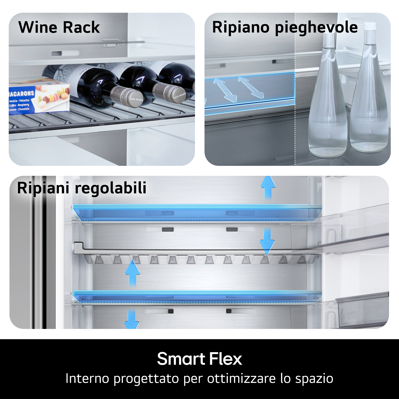 Interno del frigorifero. Portabottiglie con bottiglie, ripiani regolabili con frecce, ripiano pieghevole con bottiglie d'acqua.