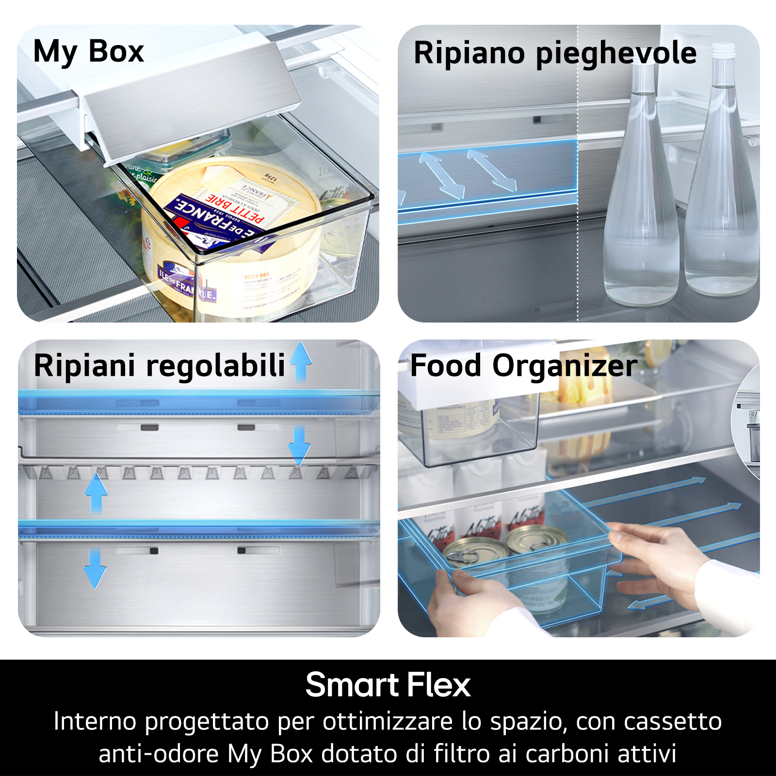 Interior de nevera con secciones: My Box con queso, estantes ajustables, estante plegable con botellas y un organizador de alimentos.