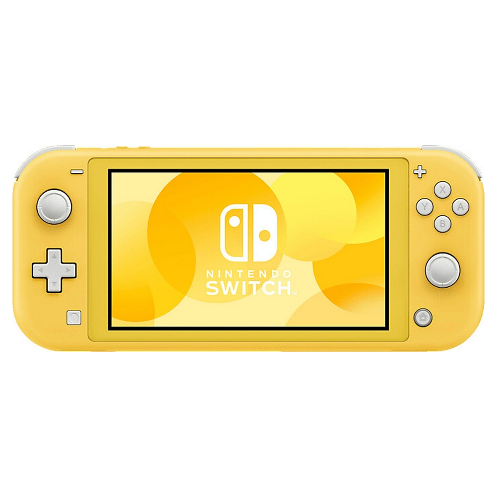 Eine gelbe Nintendo Switch Lite-Konsole wird gezeigt. Der Bildschirm zeigt einen gelben Farbverlaufshintergrund mit dem Nintendo Switch-Logo.