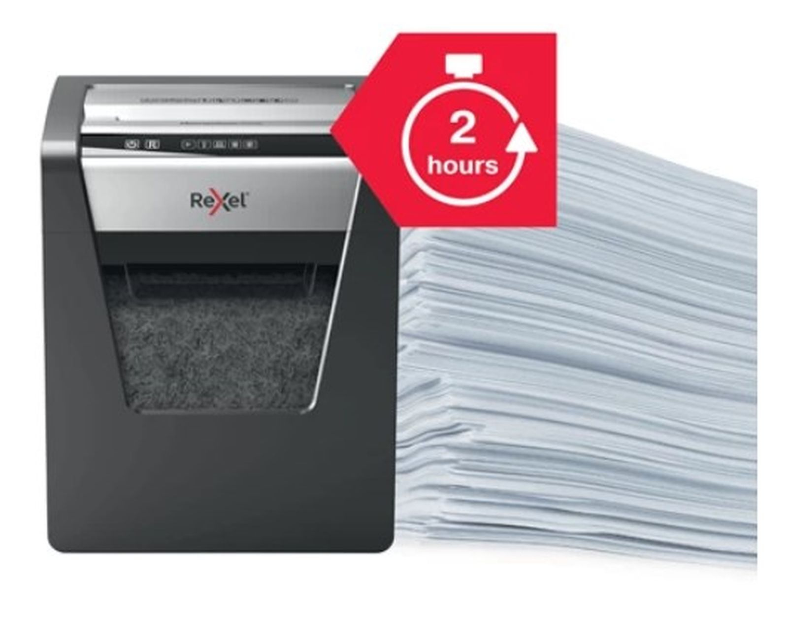 Niszczarka do papieru z czerwonym symbolem 2 godzin obok stosu papierów. Niszczarka jest czarno-srebrna.