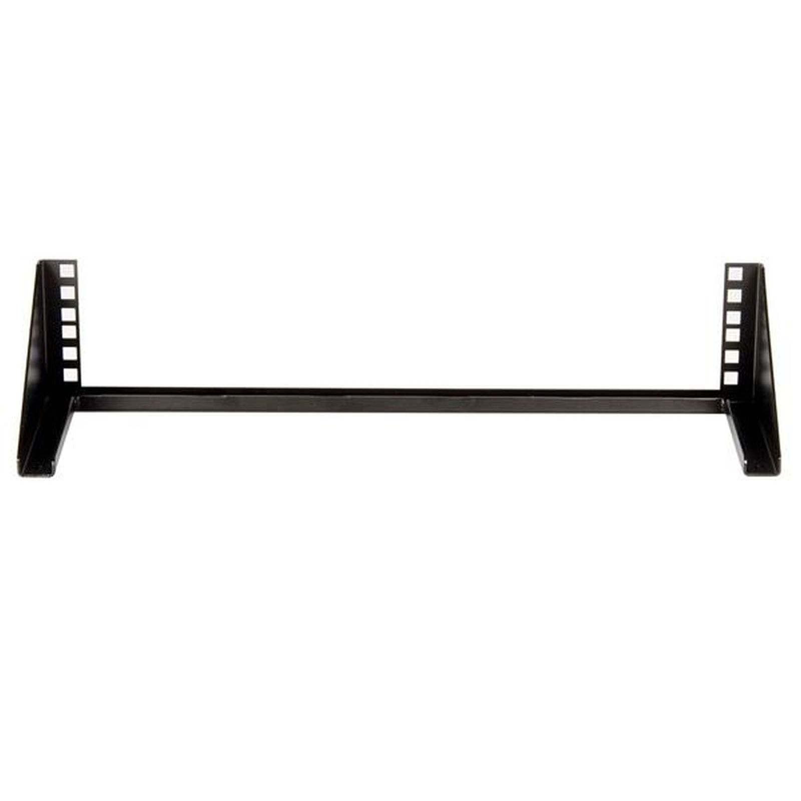 Un componente de rack de metal negro, con dos piezas laterales anguladas y una barra horizontal. Fondo blanco.