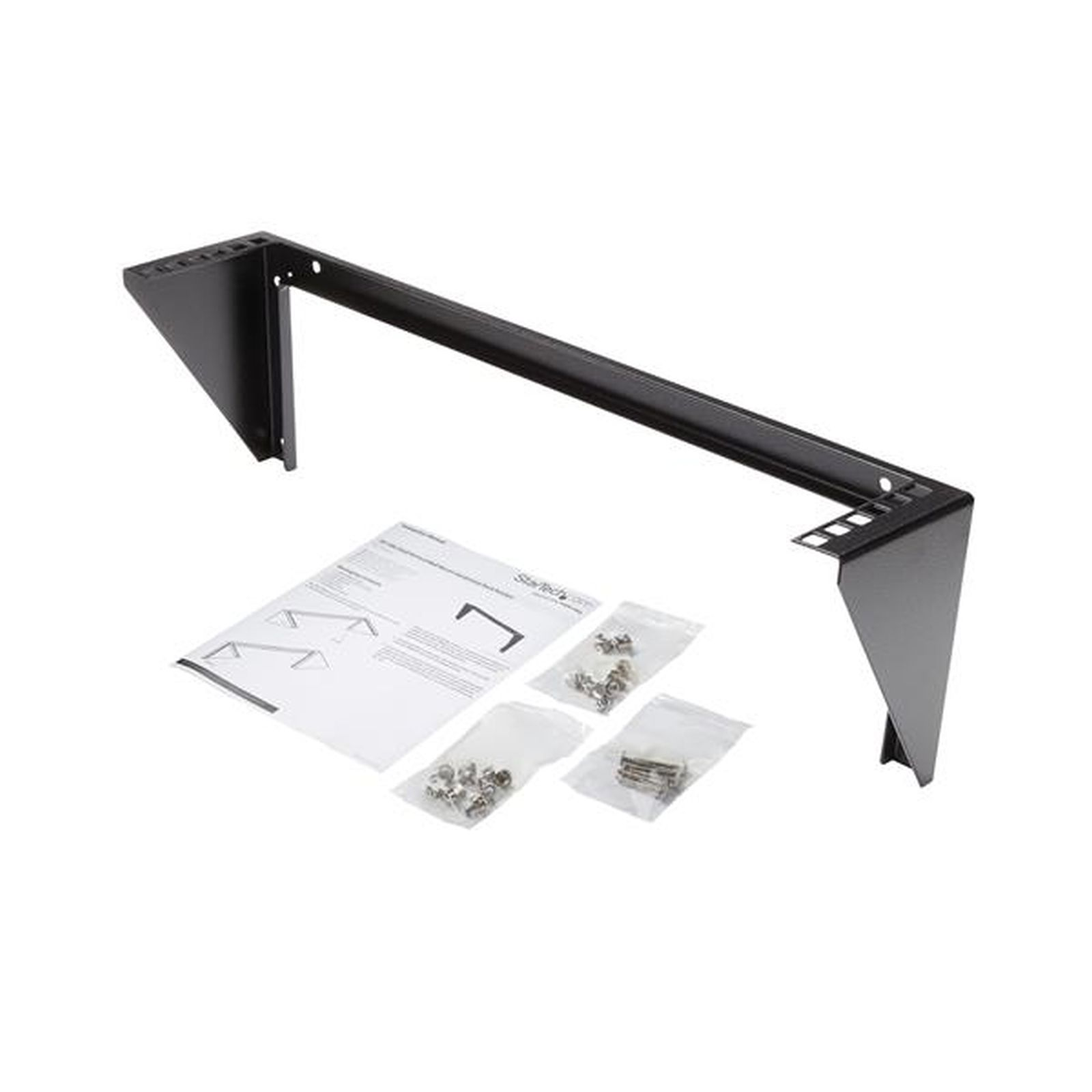Un estante negro para rack con accesorios de montaje e instrucciones. El estante está sobre un fondo blanco.