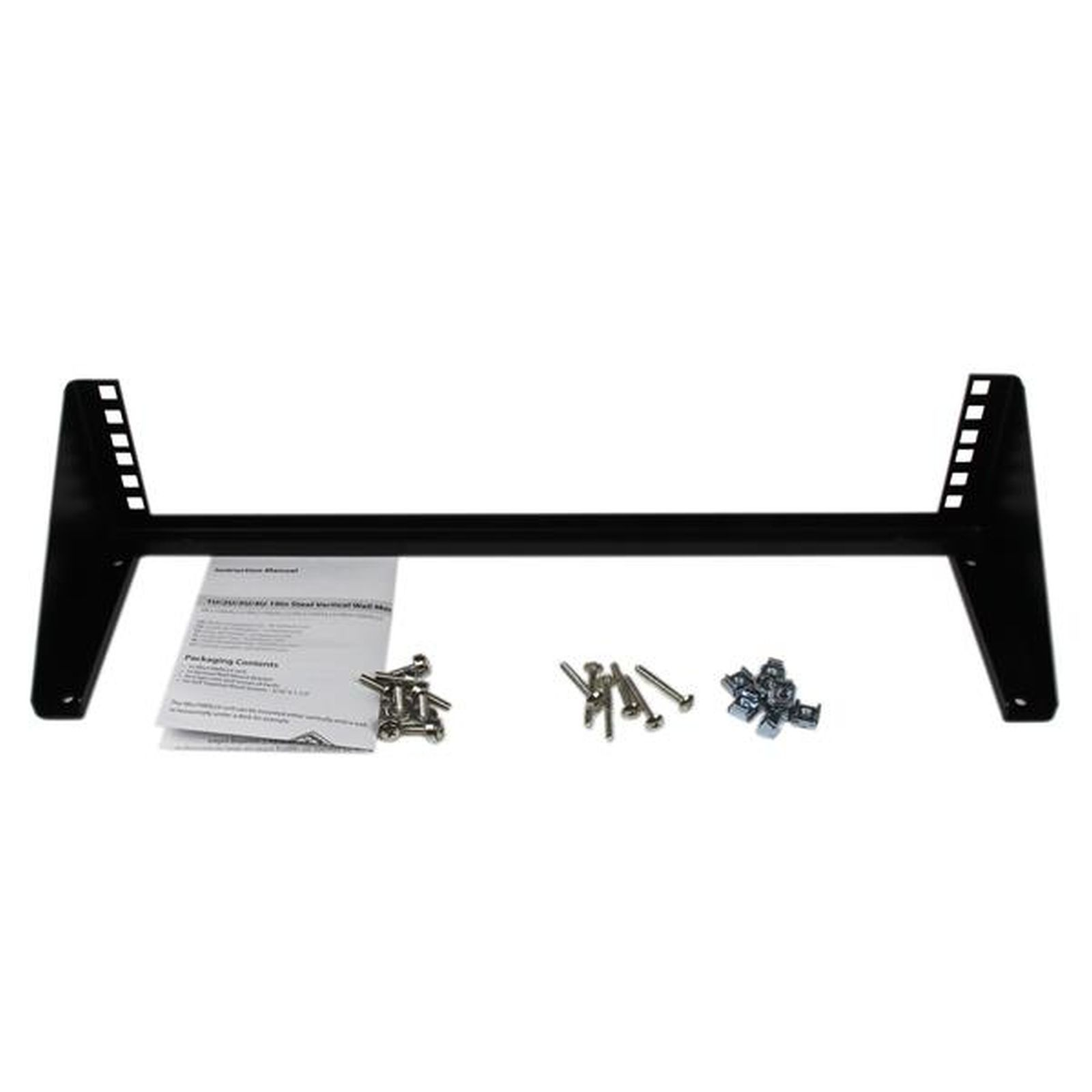 Soporte metálico negro con orificios de montaje, hoja de instrucciones y varios tornillos y tuercas sobre fondo blanco.
