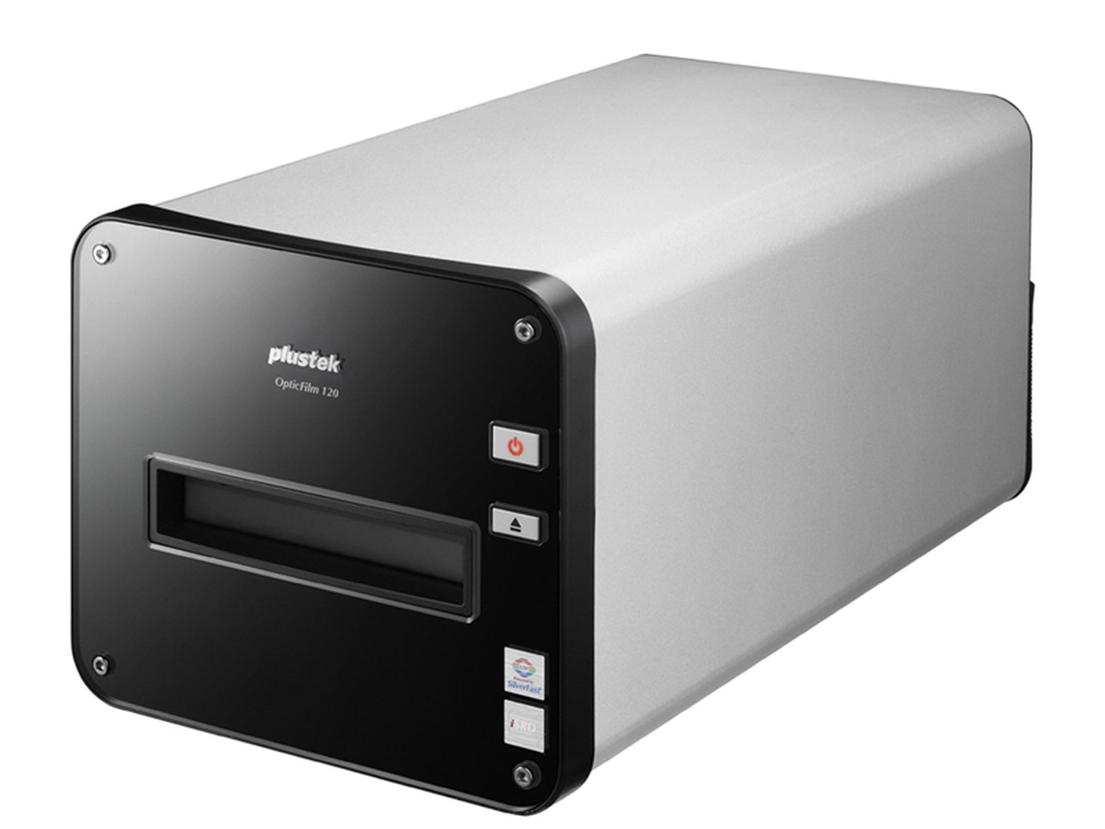 Ein silberner und schwarzer Plustek OpticFilm 120 Scanner. Er hat einen Ein-/Ausschalter, eine Auswurftaste und ein kleines Display.