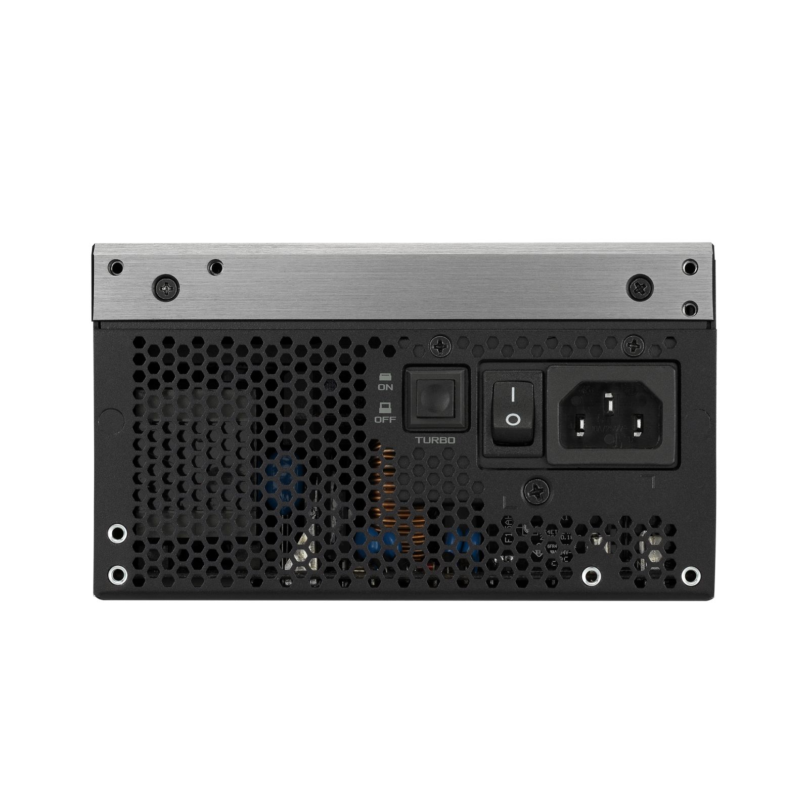 Zasilacz komputerowy, czarny i srebrny, z różnymi portami, przełącznikami i kratką wentylatora.