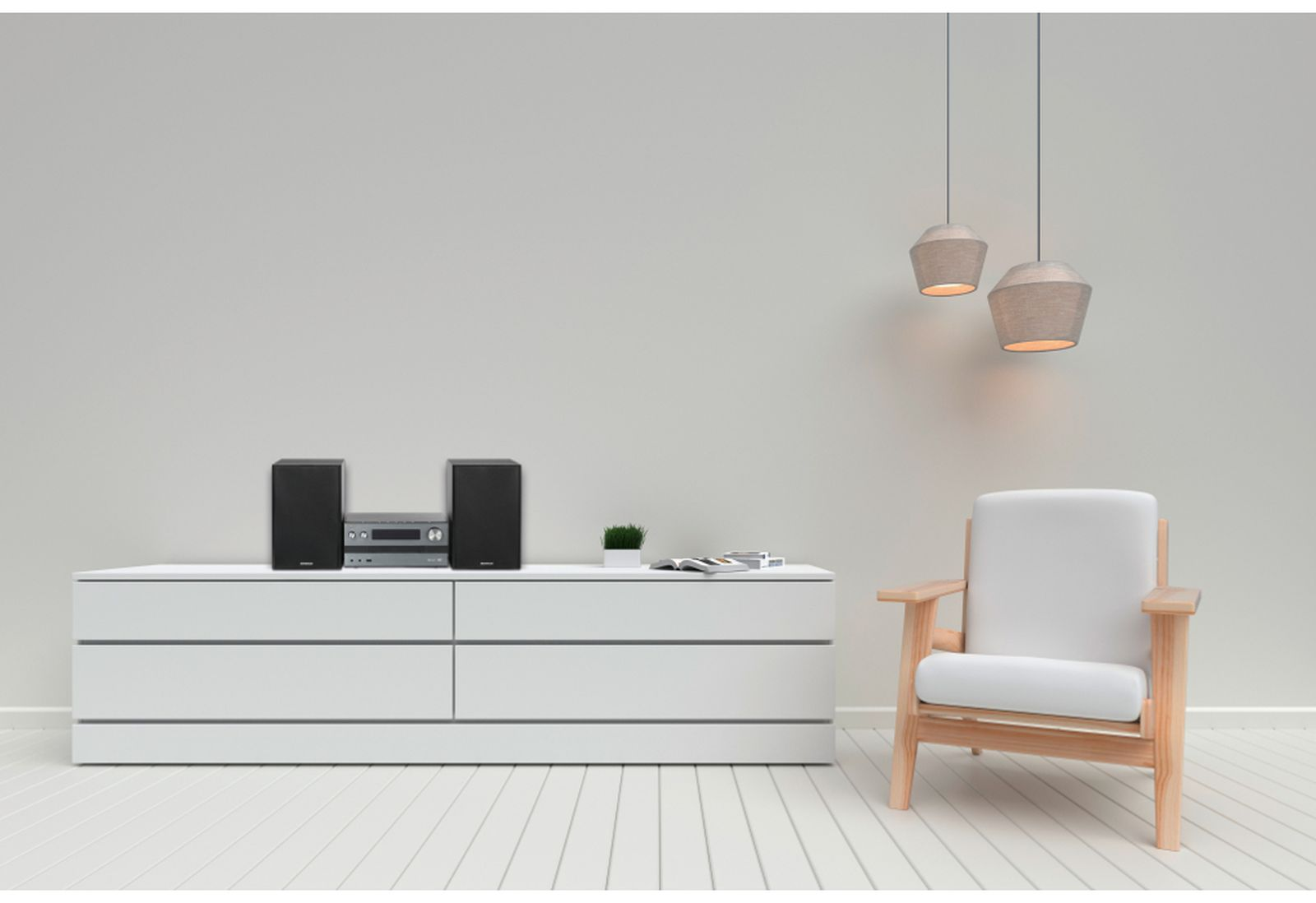 Soggiorno moderno con mobile bianco, stereo, altoparlanti, sedia e lampade a sospensione. La scena è neutra con toni chiari.