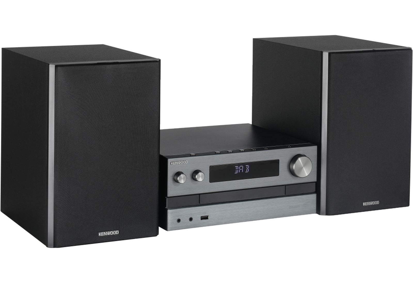Un sistema stereo Kenwood con due altoparlanti e un'unità centrale, tutto in nero e grigio.
