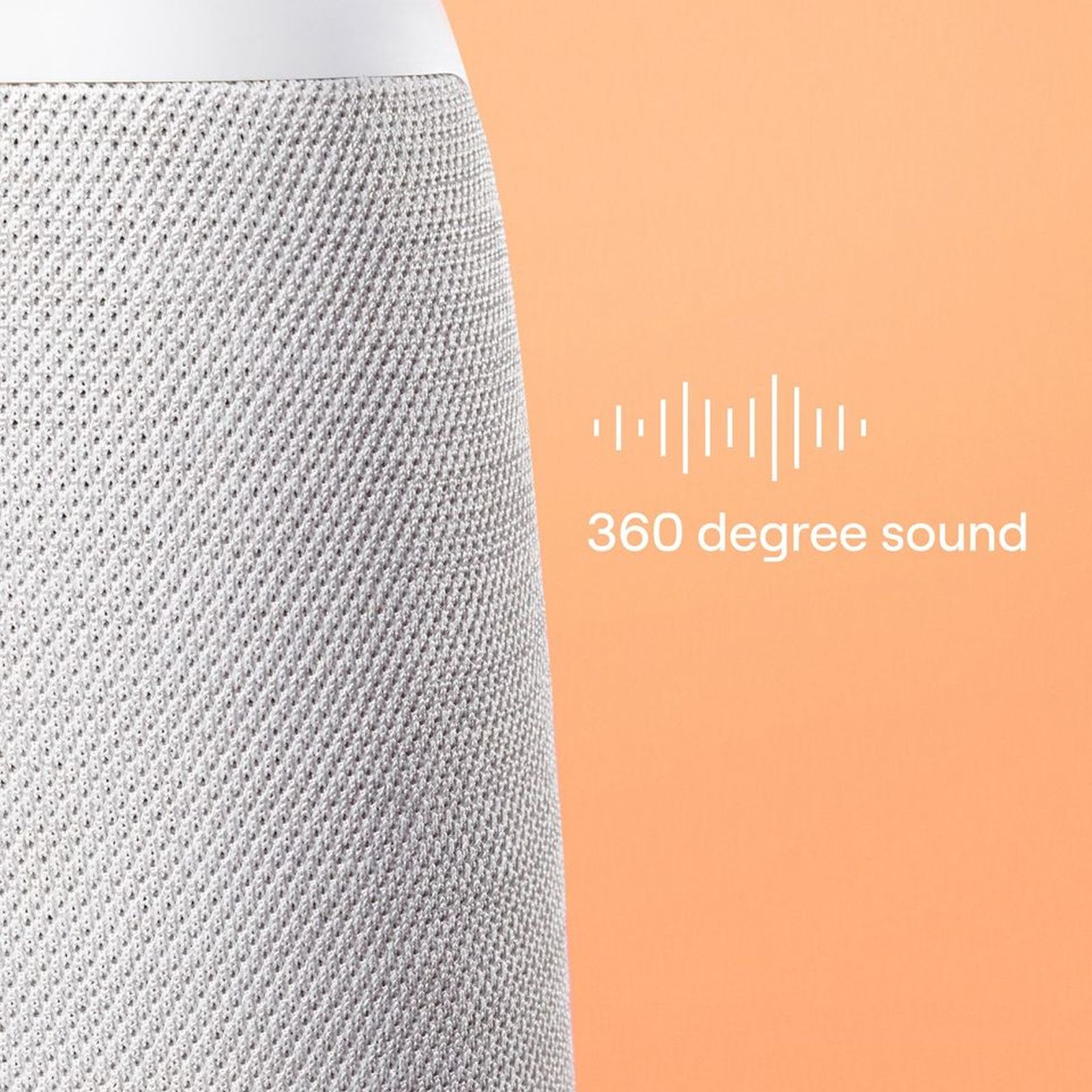 Ein Lautsprecher mit grauem Mesh-Körper, weißer Oberseite und orangefarbenem Hintergrund. Der Text lautet '360-Grad-Sound'.