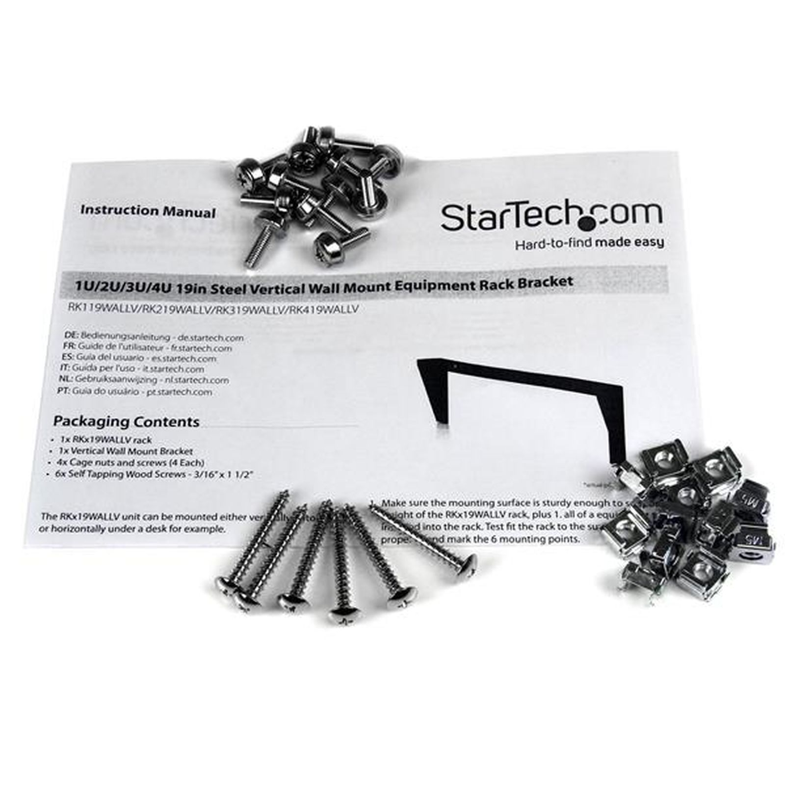 Manual de instrucciones con tornillos, tuercas y un soporte para rack. Logotipo de StarTech.com visible.