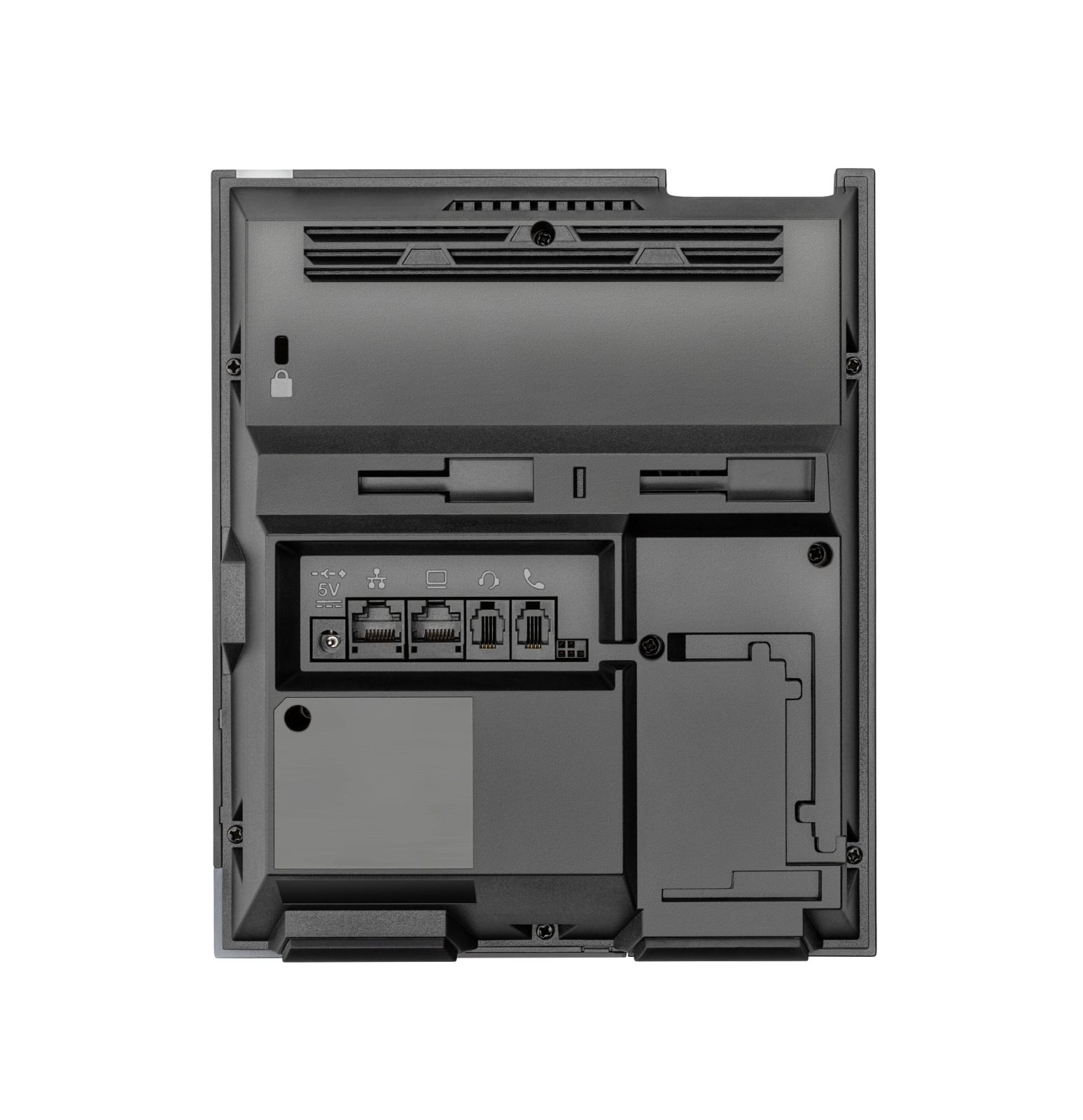Nahaufnahme der Rückseite eines schwarzen elektronischen Geräts mit verschiedenen Anschlüssen.
