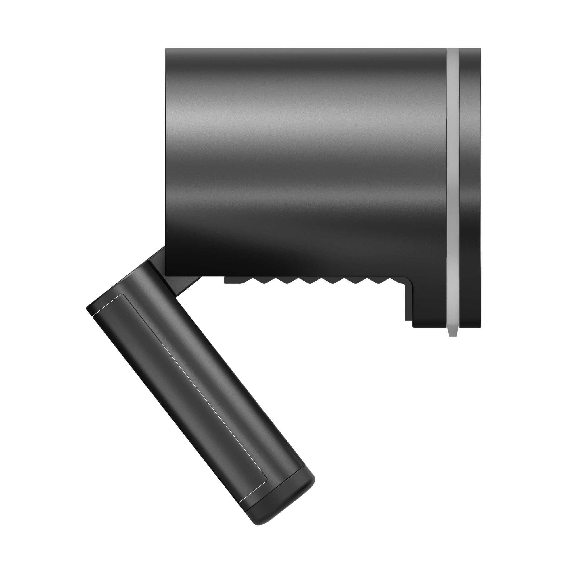 Czarny, kątowy reflektor z prostokątną podstawą i cylindryczną lampą. Białe tło.