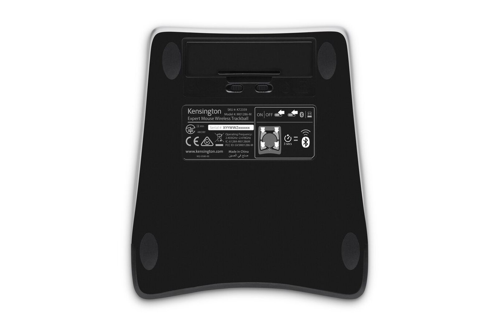 The back of a black Kensington Expert Mouse Wireless Trackball, with product information and serial number.