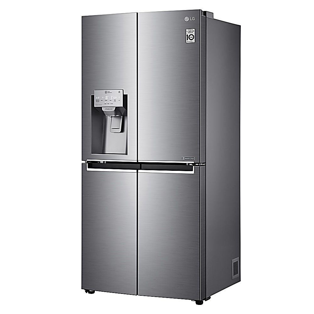Un refrigerador LG de acero inoxidable con cuatro puertas. Tiene un dispensador de agua y el logotipo de LG es visible.