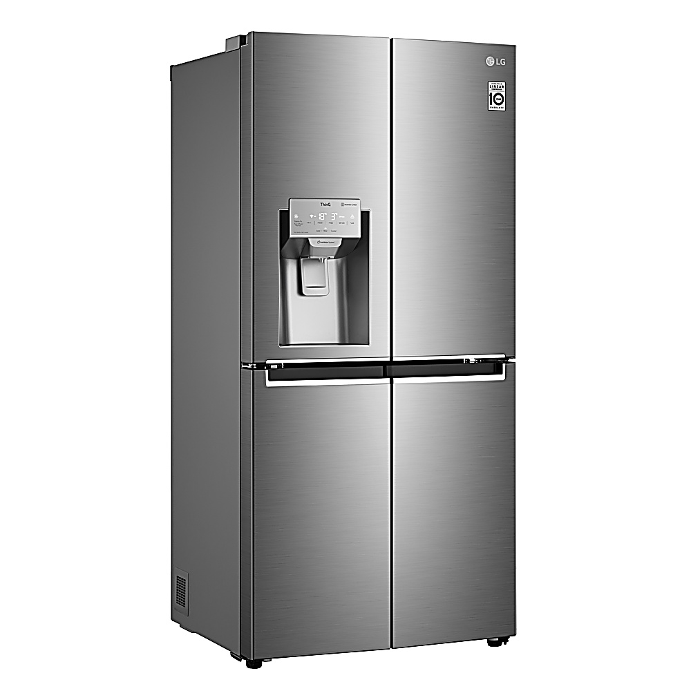 Un refrigerador LG de acero inoxidable con cuatro puertas, dispensador de agua y controles digitales. El logotipo de LG es visible.