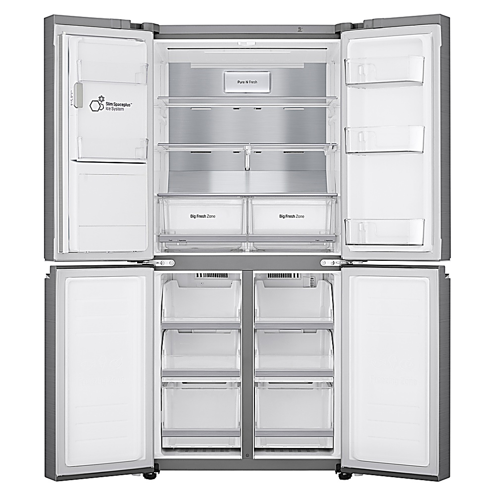 Un refrigerador gris abierto con múltiples estantes y cajones. Las puertas están abiertas. Las etiquetas dicen 'Pure N Fresh' y 'Big Fresh Zone'.